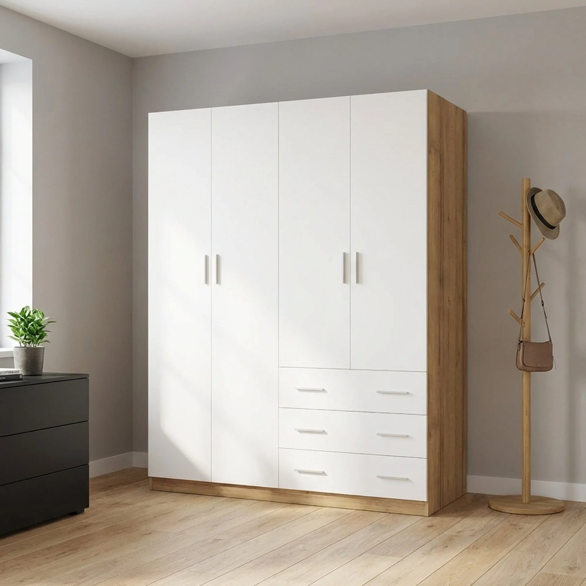 Harris 4 Door Wardrobe with 3 Drawers - Oak + White