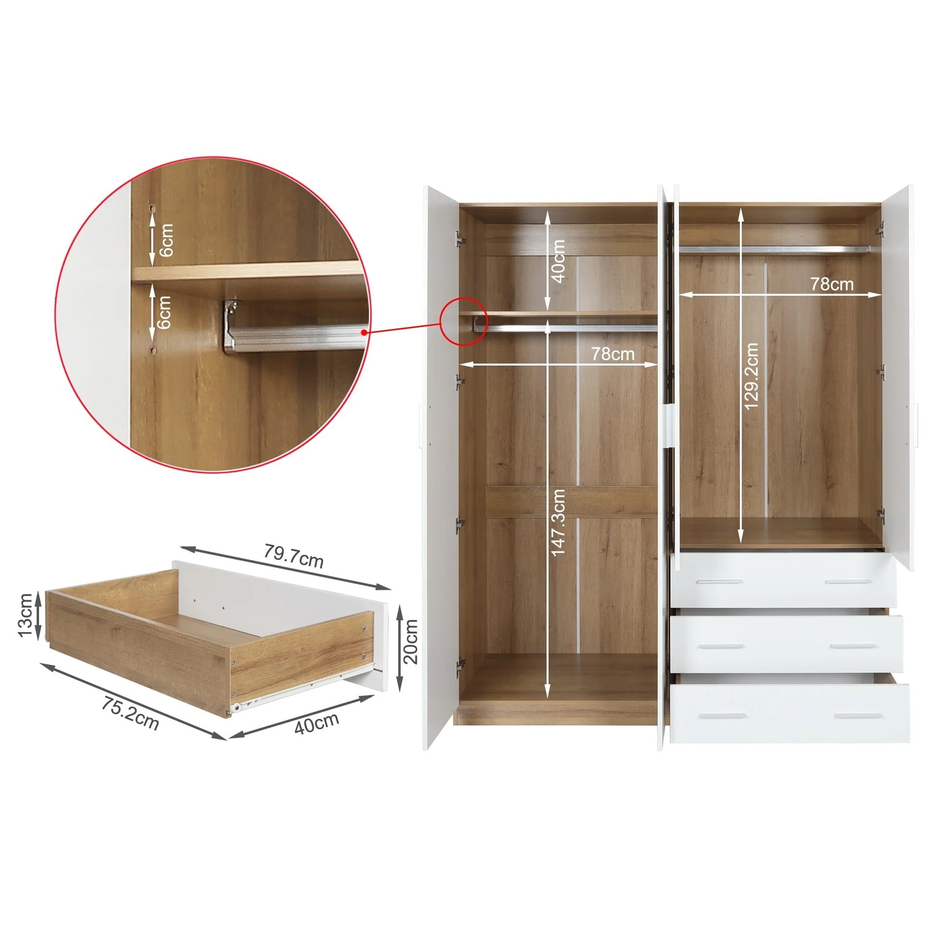 Harris 4 Door Wardrobe with 3 Drawers - Oak + White - Image 12