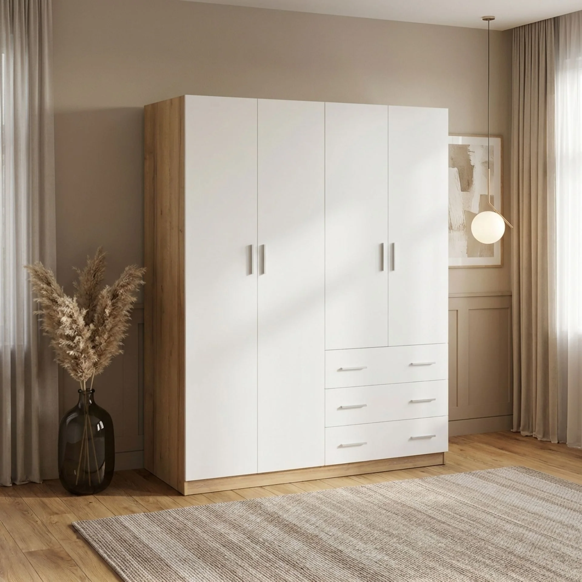 Harris 4 Door Wardrobe with 3 Drawers - Oak + White - Image 3