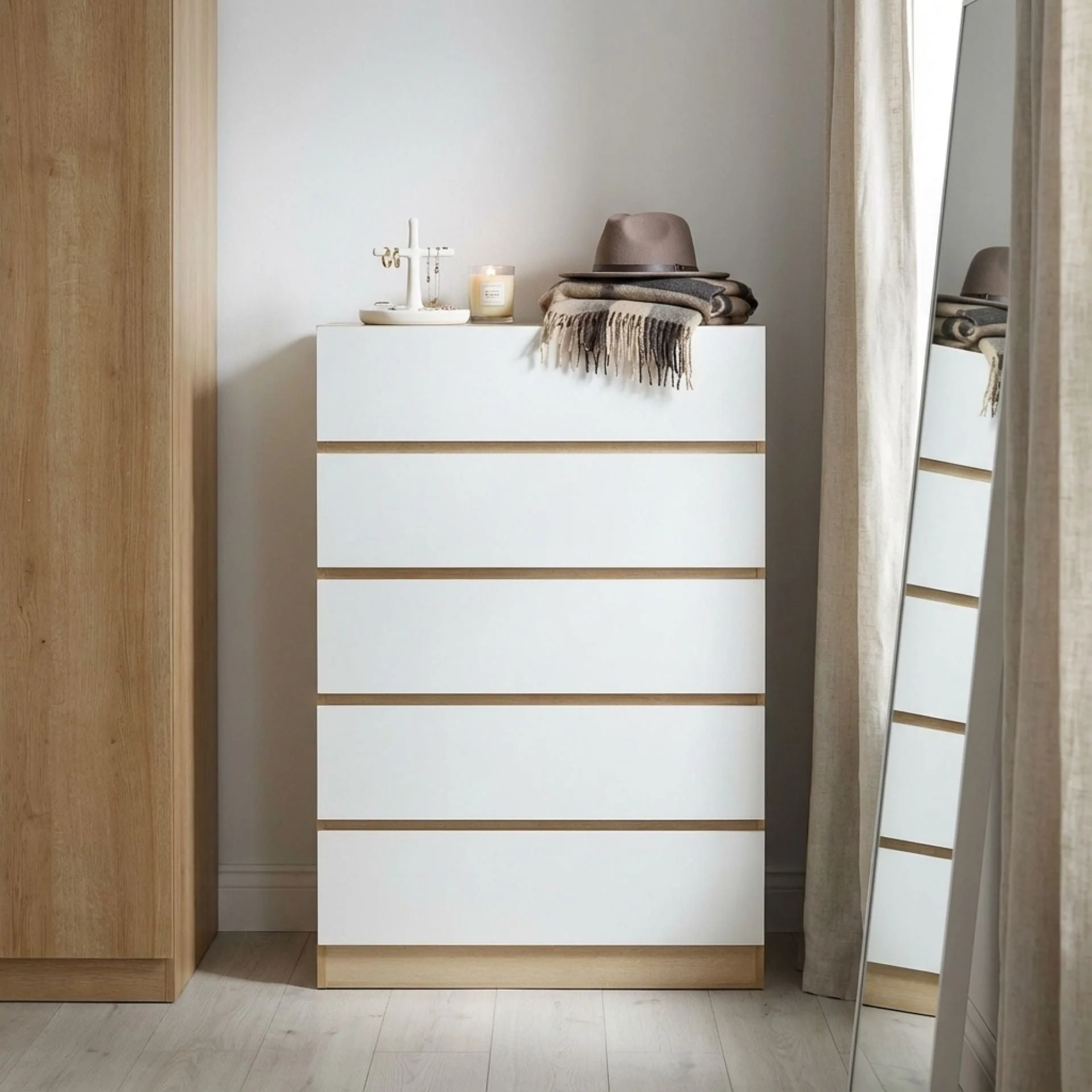 Harris 5 Drawers Tallboy - Oak + White - Image 3