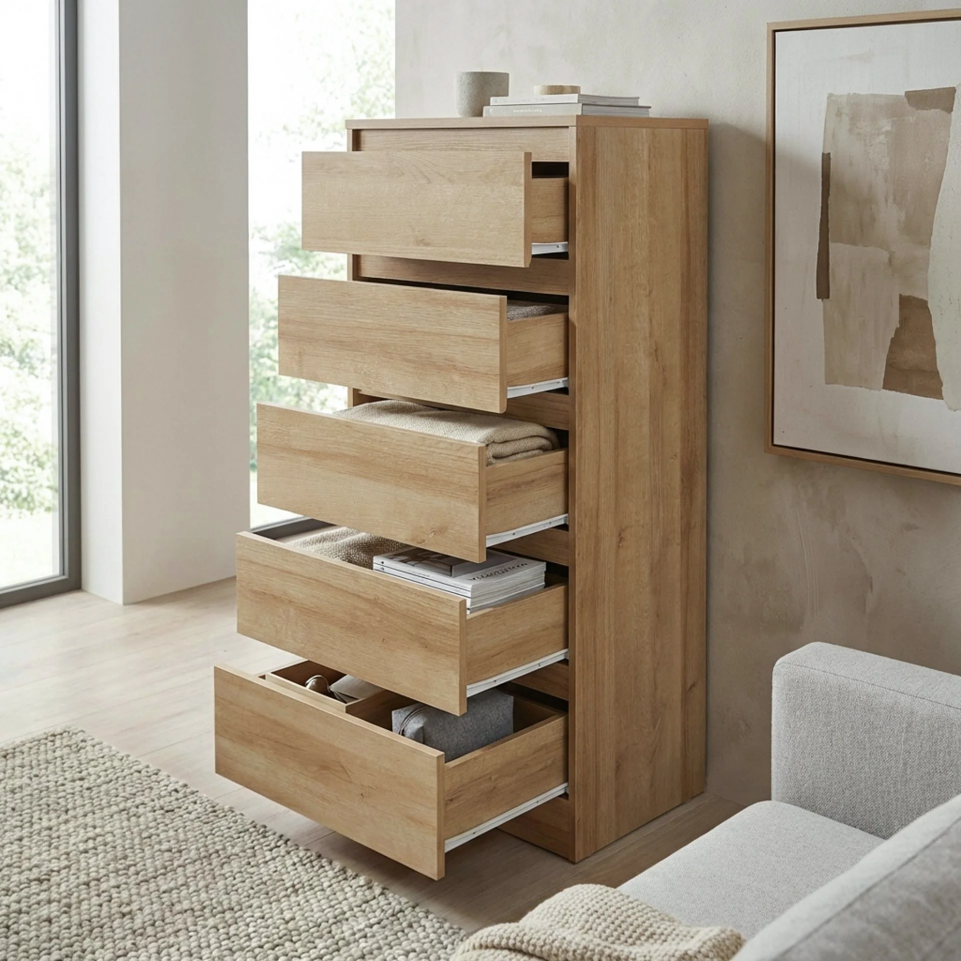 Harris 6 Drawers Slim Tallboy - Oak - Image 2