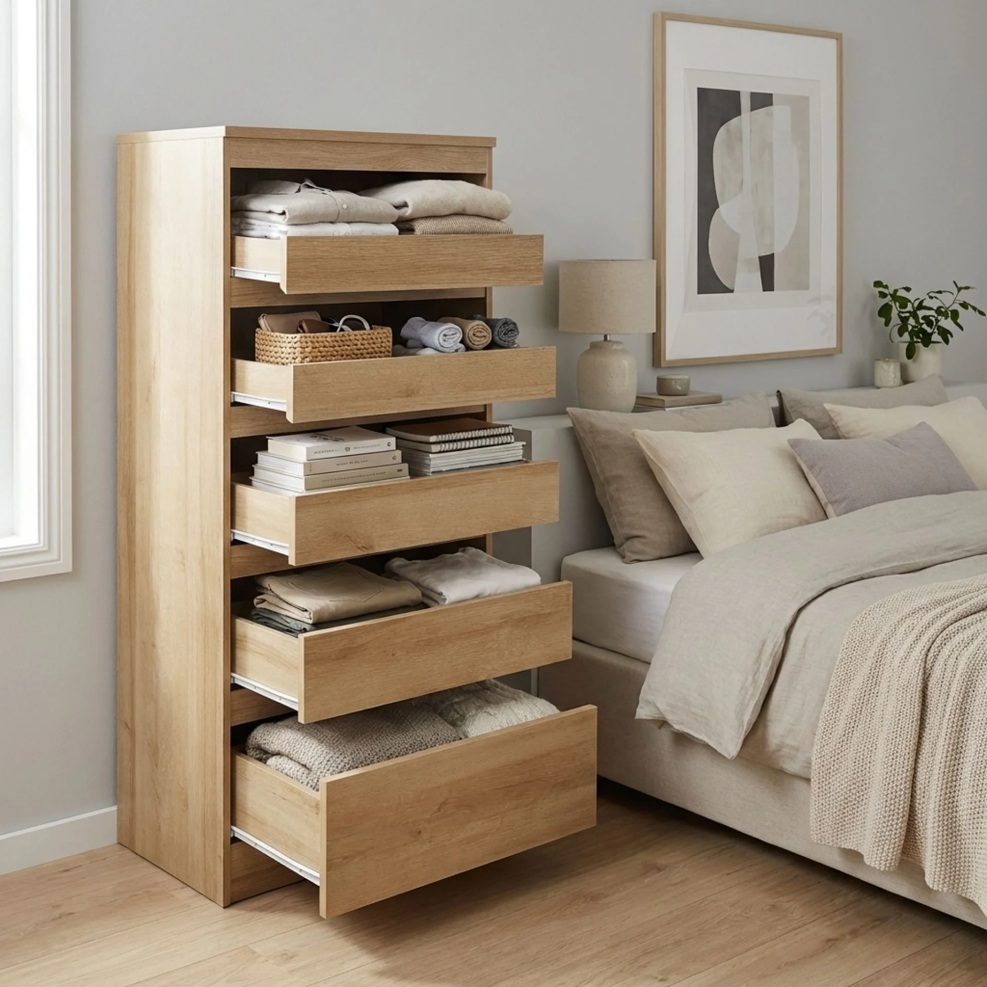 Harris 6 Drawers Slim Tallboy - Oak - Image 5