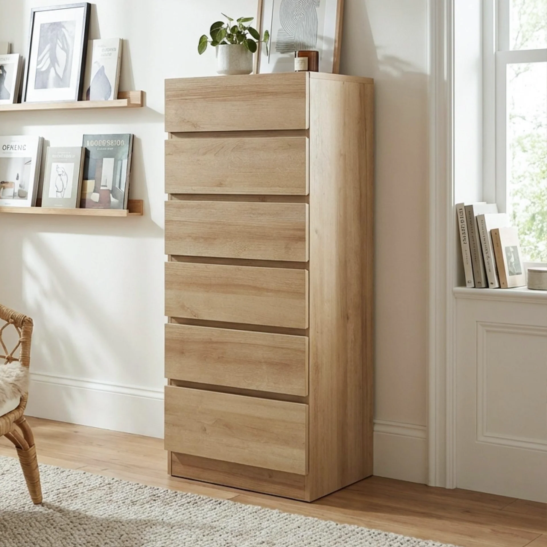 Harris 6 Drawers Slim Tallboy - Oak - Image 6