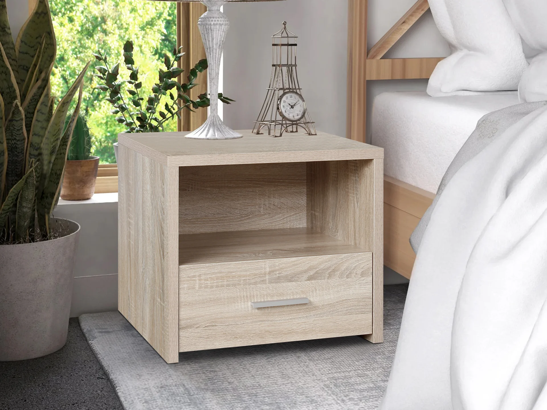 Hassan Bedside Table with 1 Drawer - Oak - Image 2