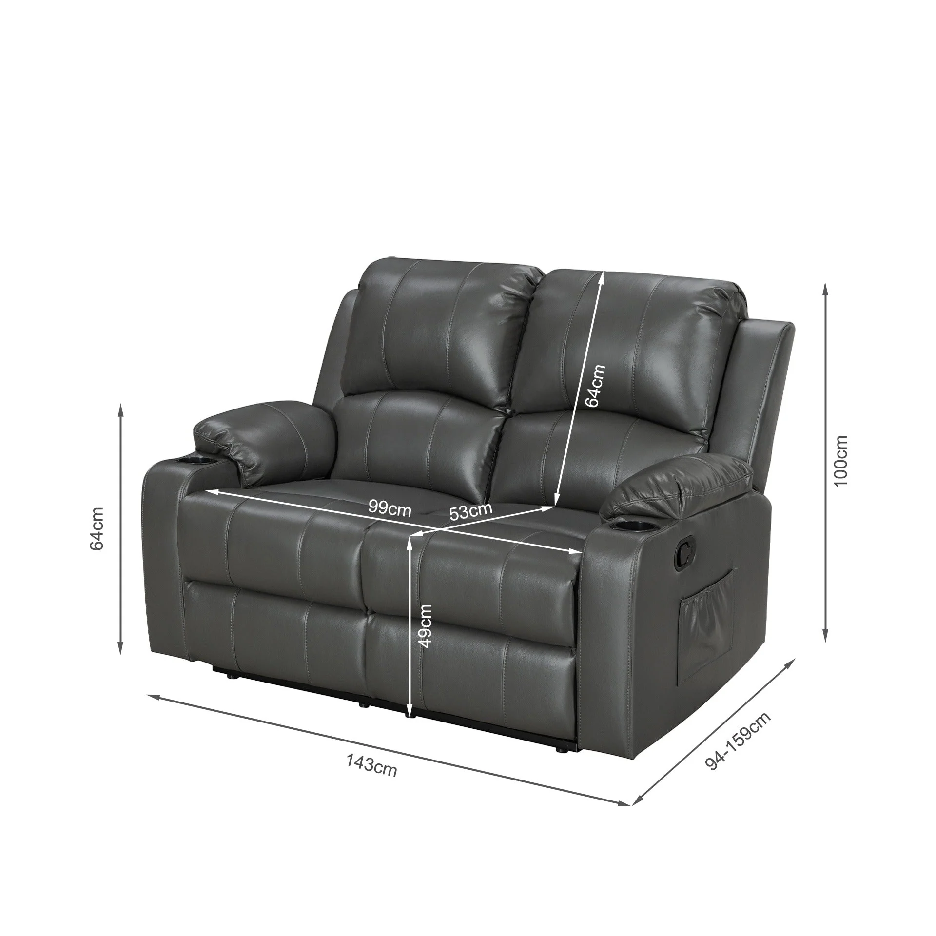 Henley Air Leather Manual 2 Seater Recliner Sofa - Grey - Image 8