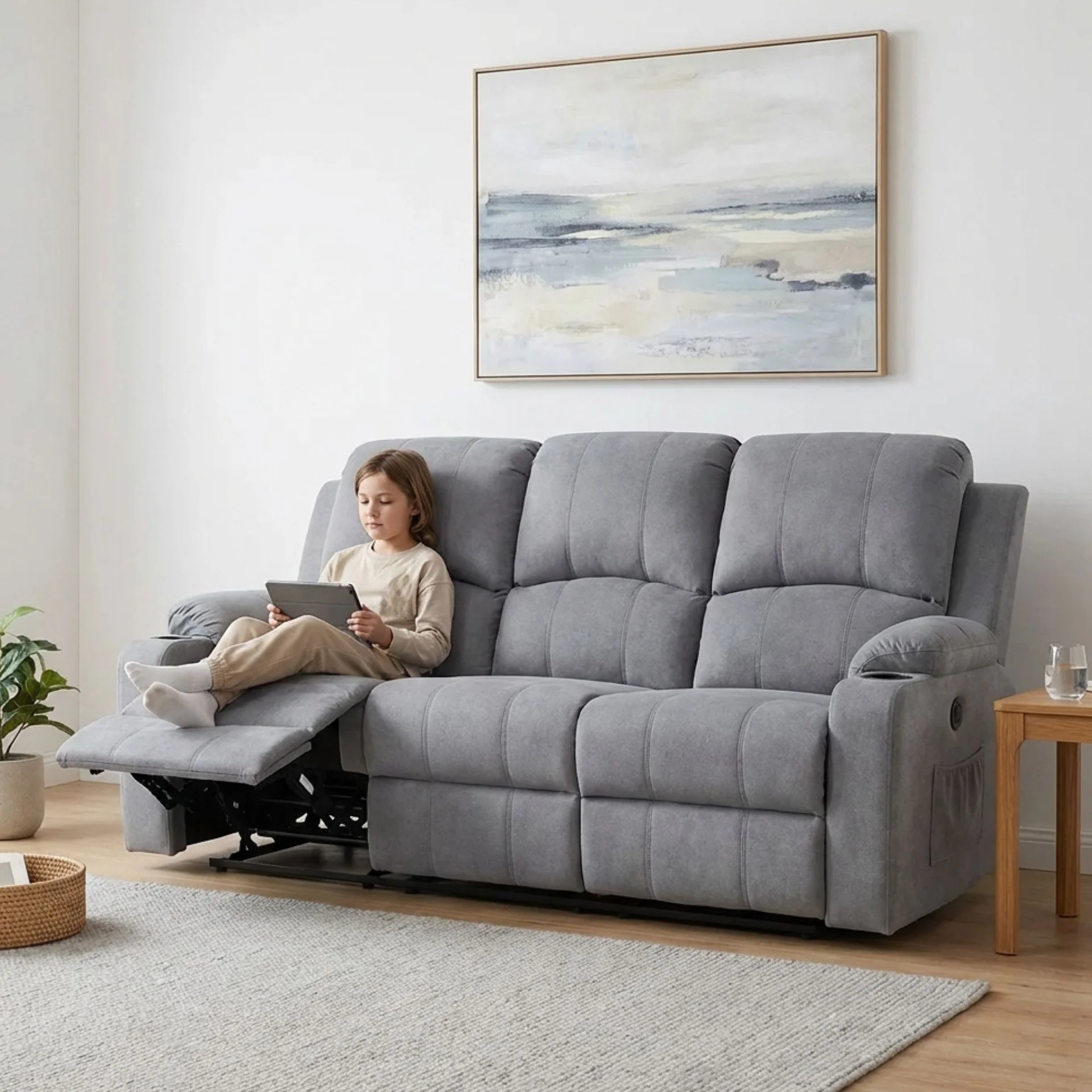 Henley Fabric Electric 3 Seater Recliner Sofa - Grey - Image 3