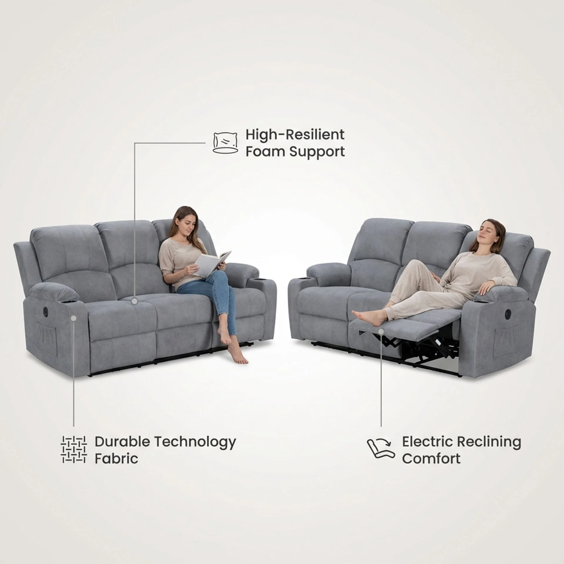 Henley Fabric Electric 3 Seater Recliner Sofa - Grey - Image 4
