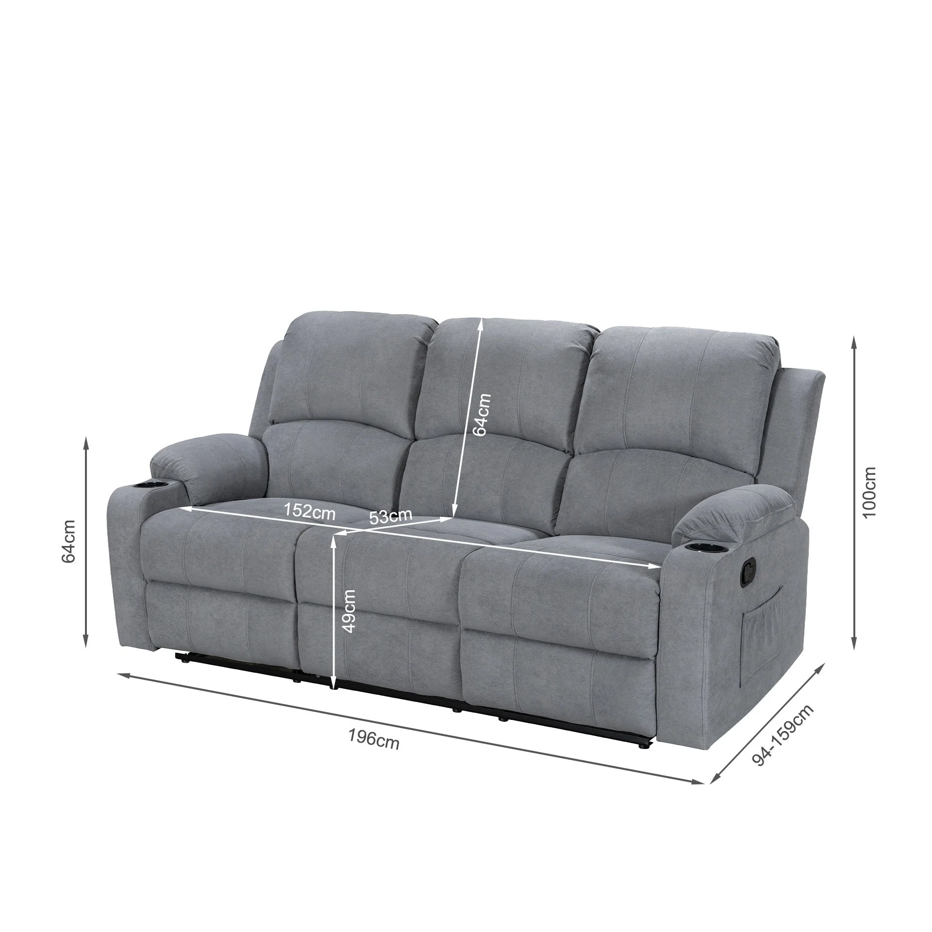 Henley Fabric Manual 3 Seater Recliner Sofa - Grey - Image 16