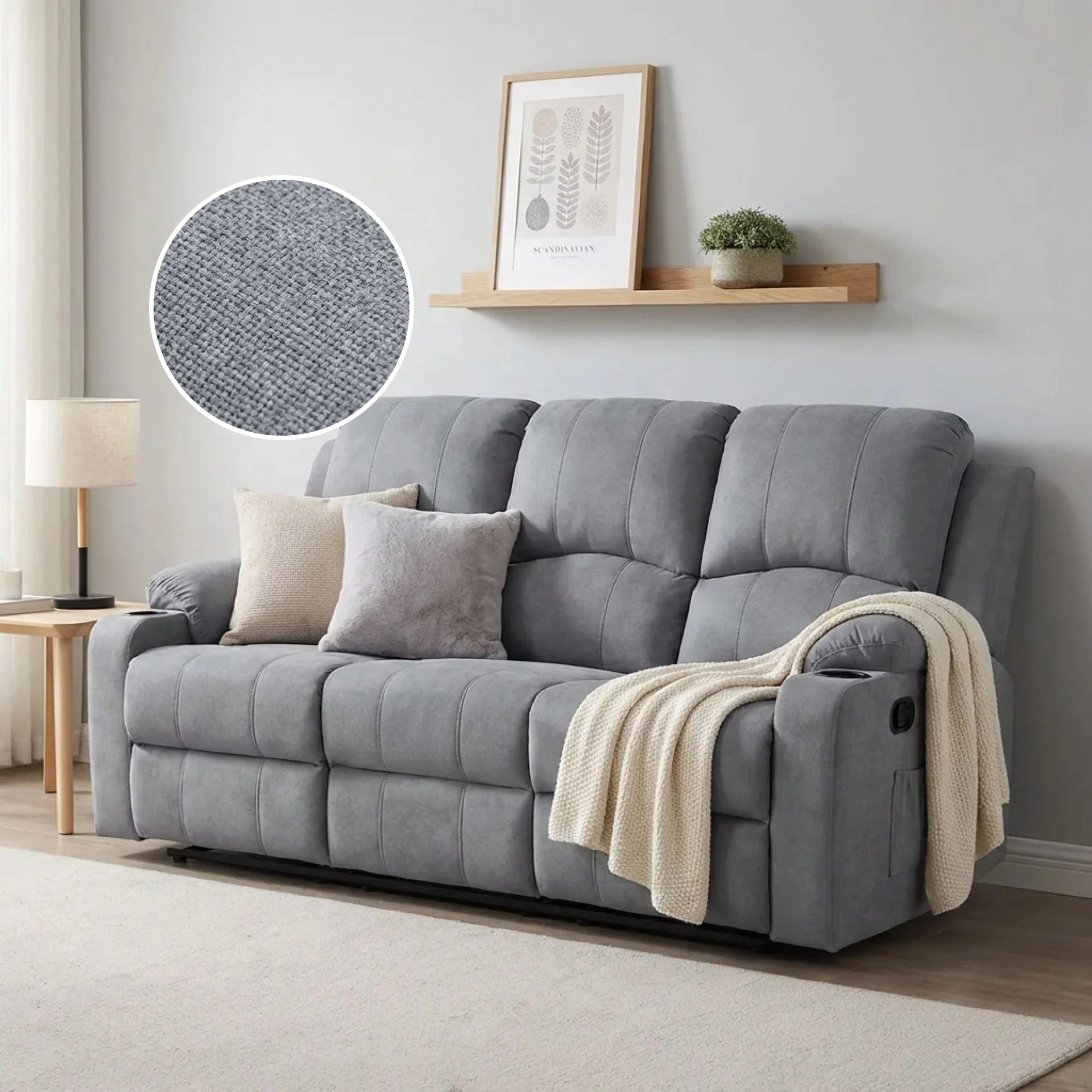 Henley Fabric Manual 3 Seater Recliner Sofa - Grey - Image 2