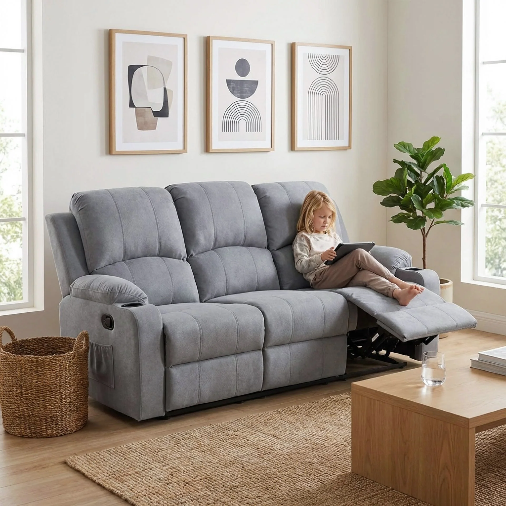 Henley Fabric Manual 3 Seater Recliner Sofa - Grey - Image 3