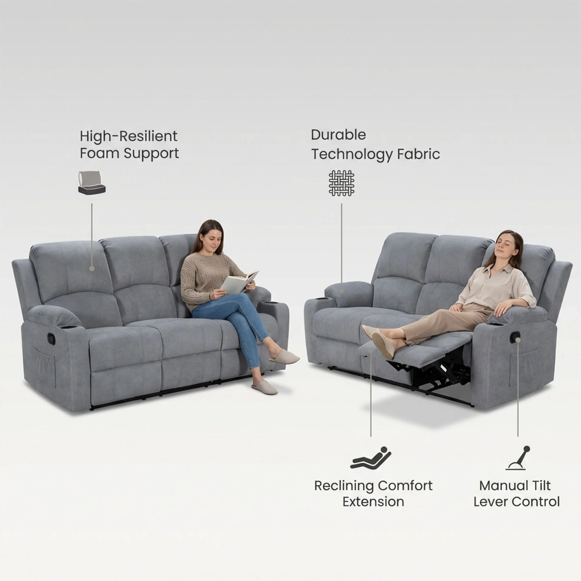 Henley Fabric Manual 3 Seater Recliner Sofa - Grey - Image 4