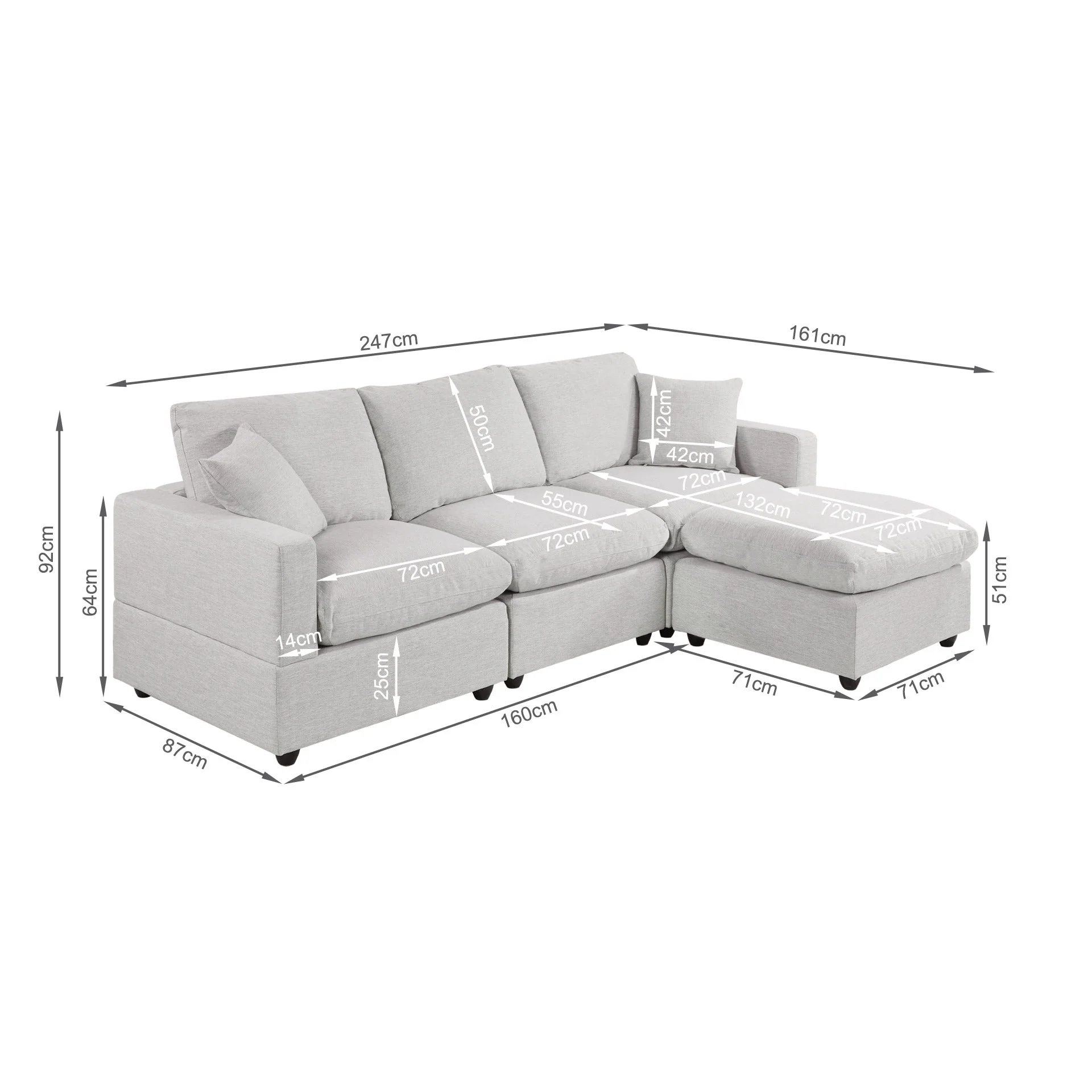 Hexham 3 Seater Modular Sofa with Ottoman - Grey - Image 15