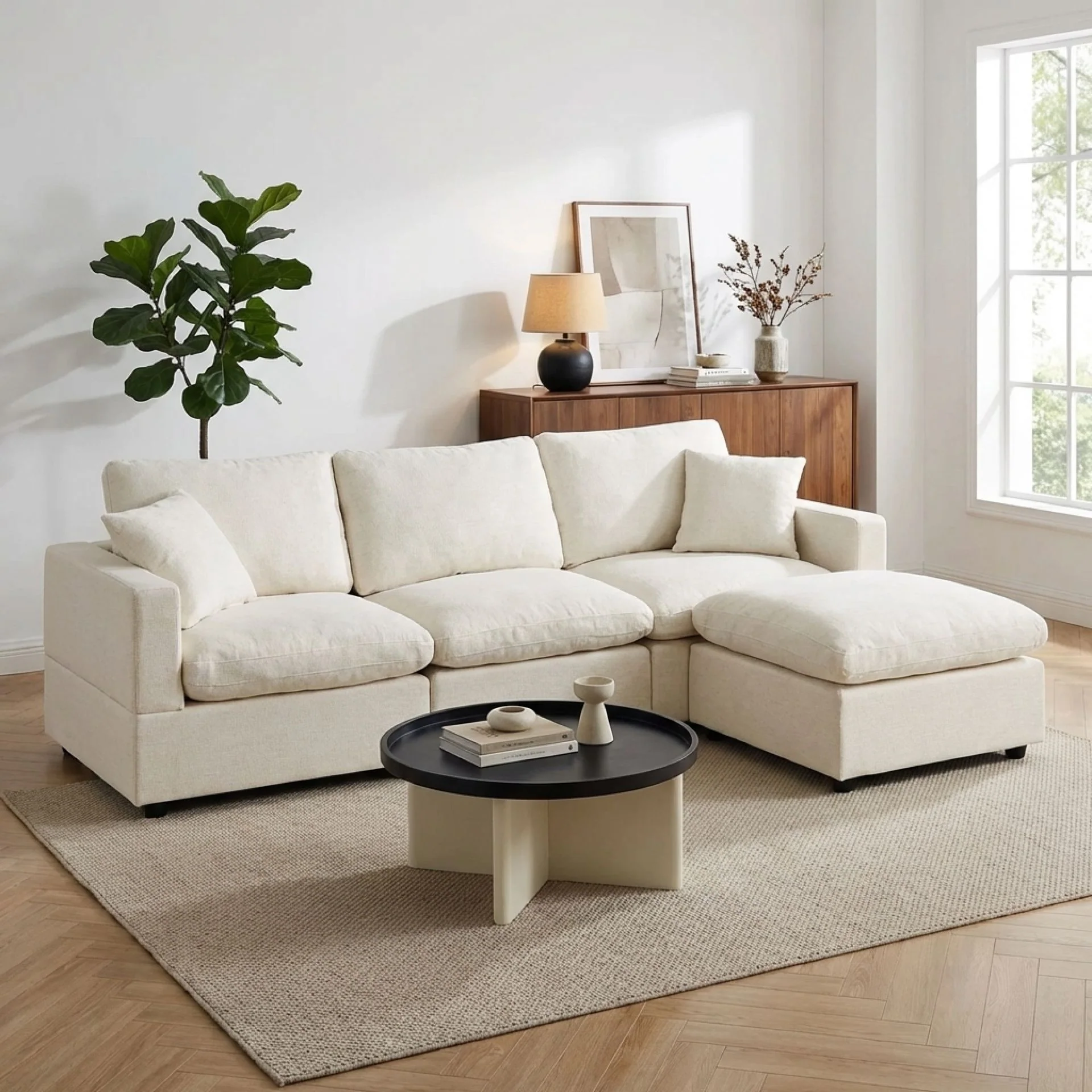 Hexham 3 Seater Modular Sofa with Ottoman - Linen Cream