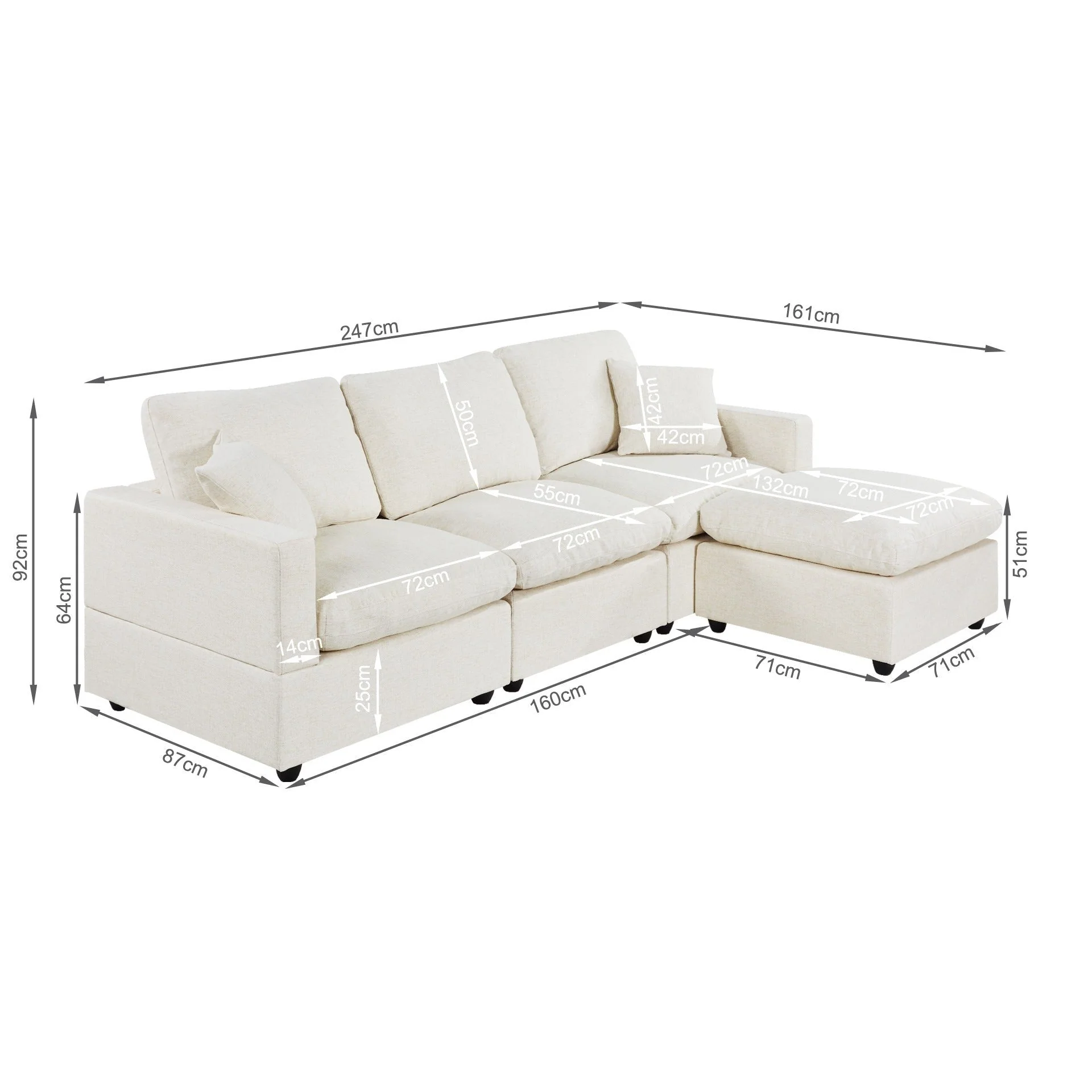 Hexham 3 Seater Modular Sofa with Ottoman - Linen Cream - Image 16
