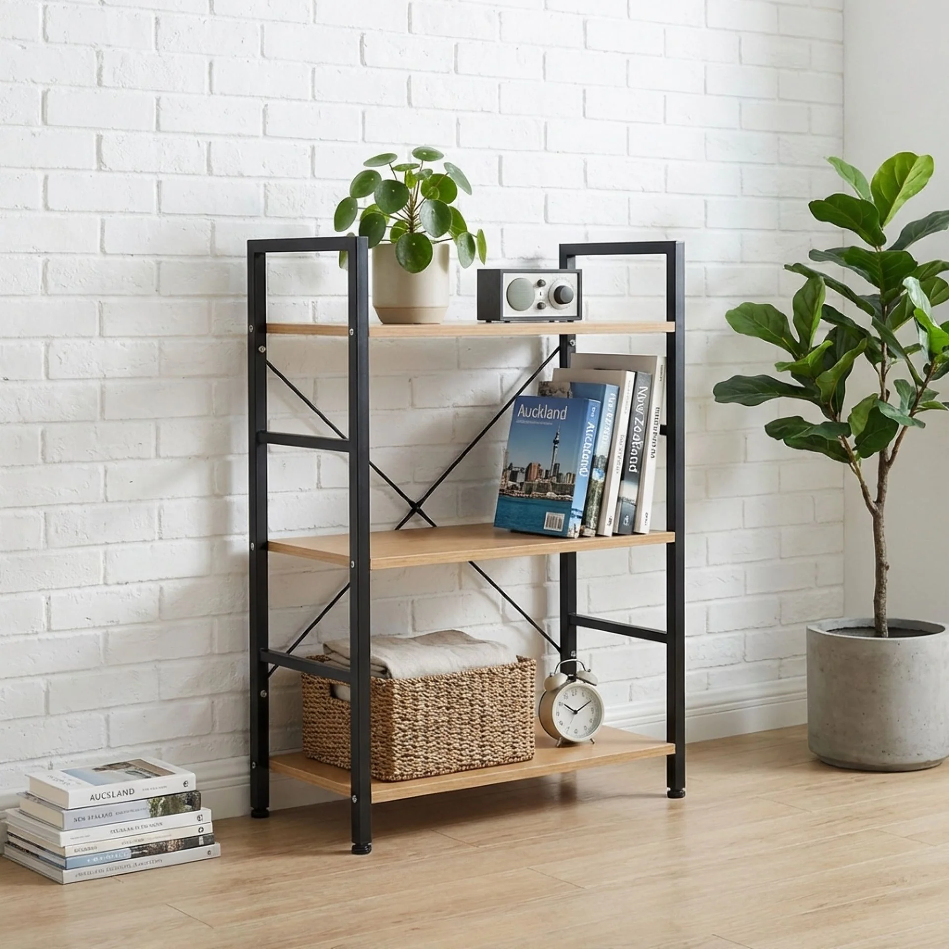 Hikuai 3 Tier Bookshelf - Natural + Black - Image 3