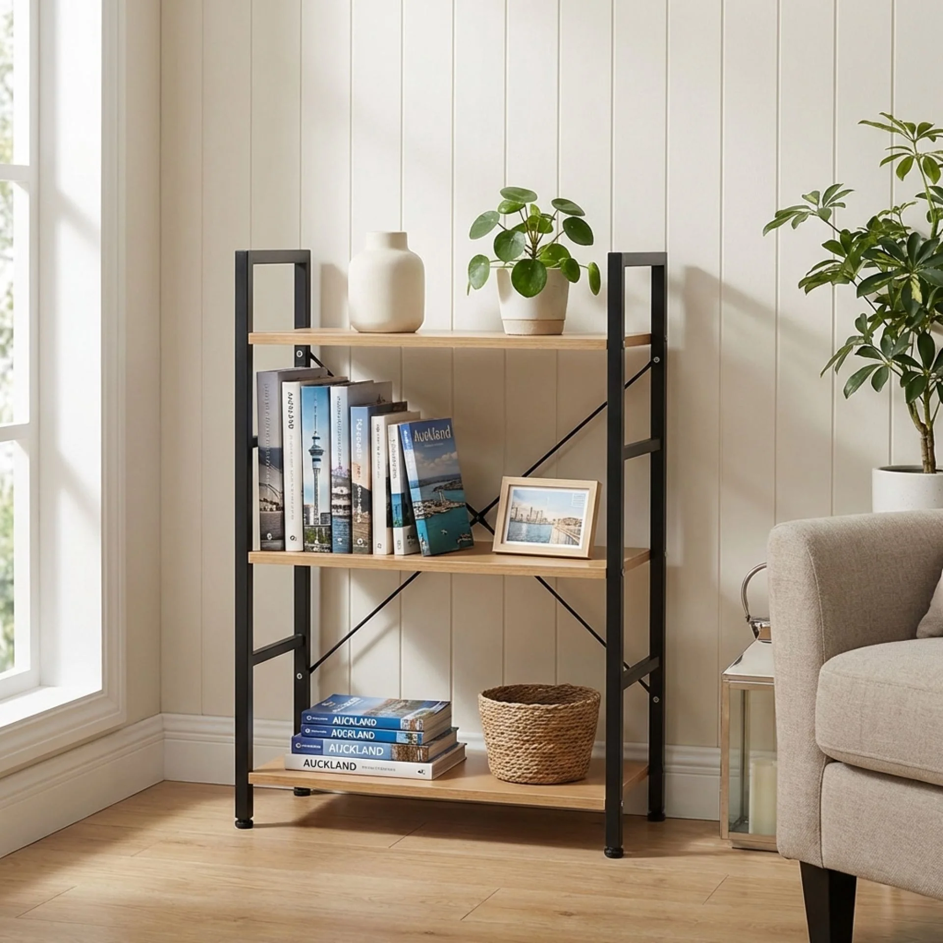 Hikuai 3 Tier Bookshelf - Natural + Black - Image 4