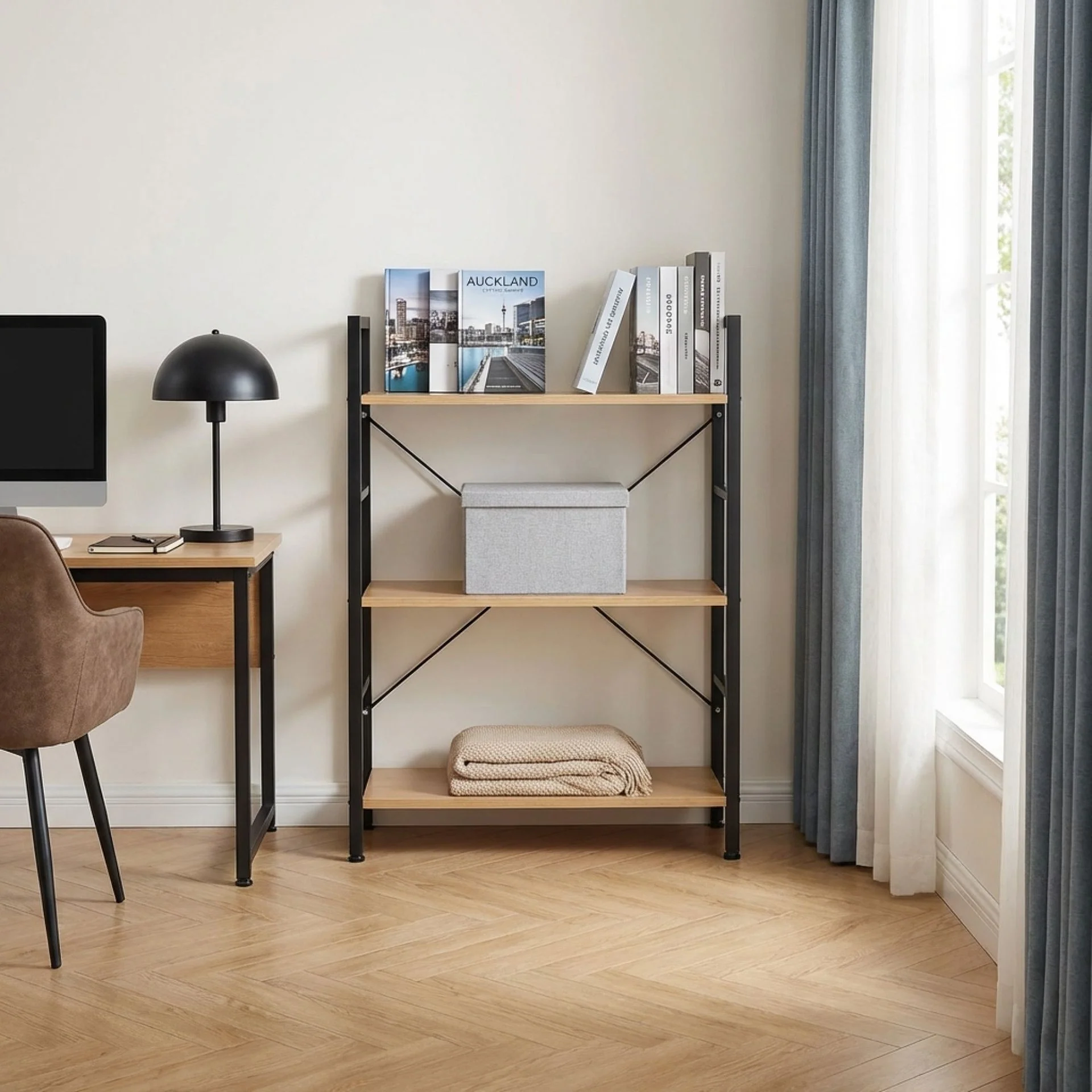 Hikuai 3 Tier Bookshelf - Natural + Black - Image 5