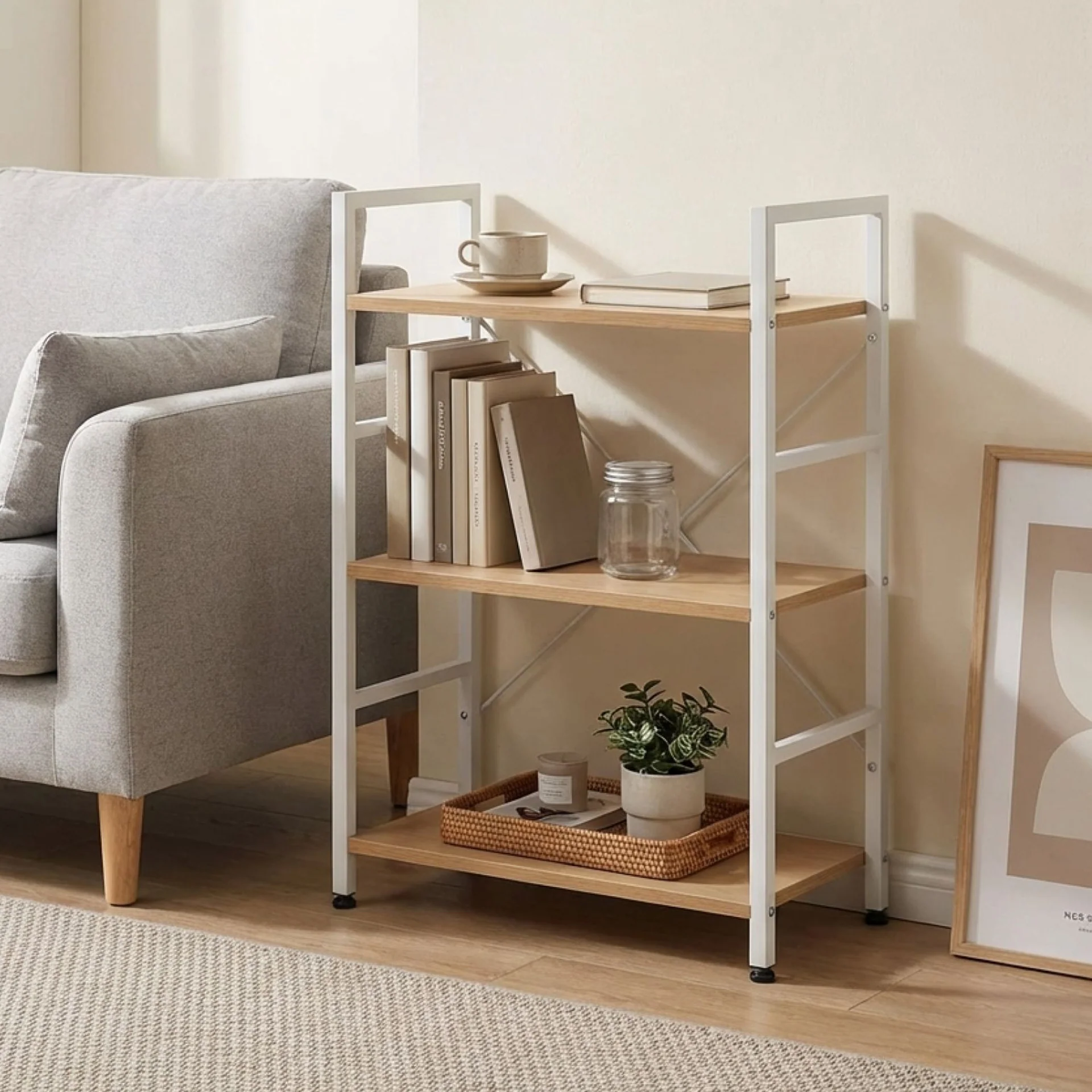 Hikuai 3 Tier Bookshelf - Natural + White