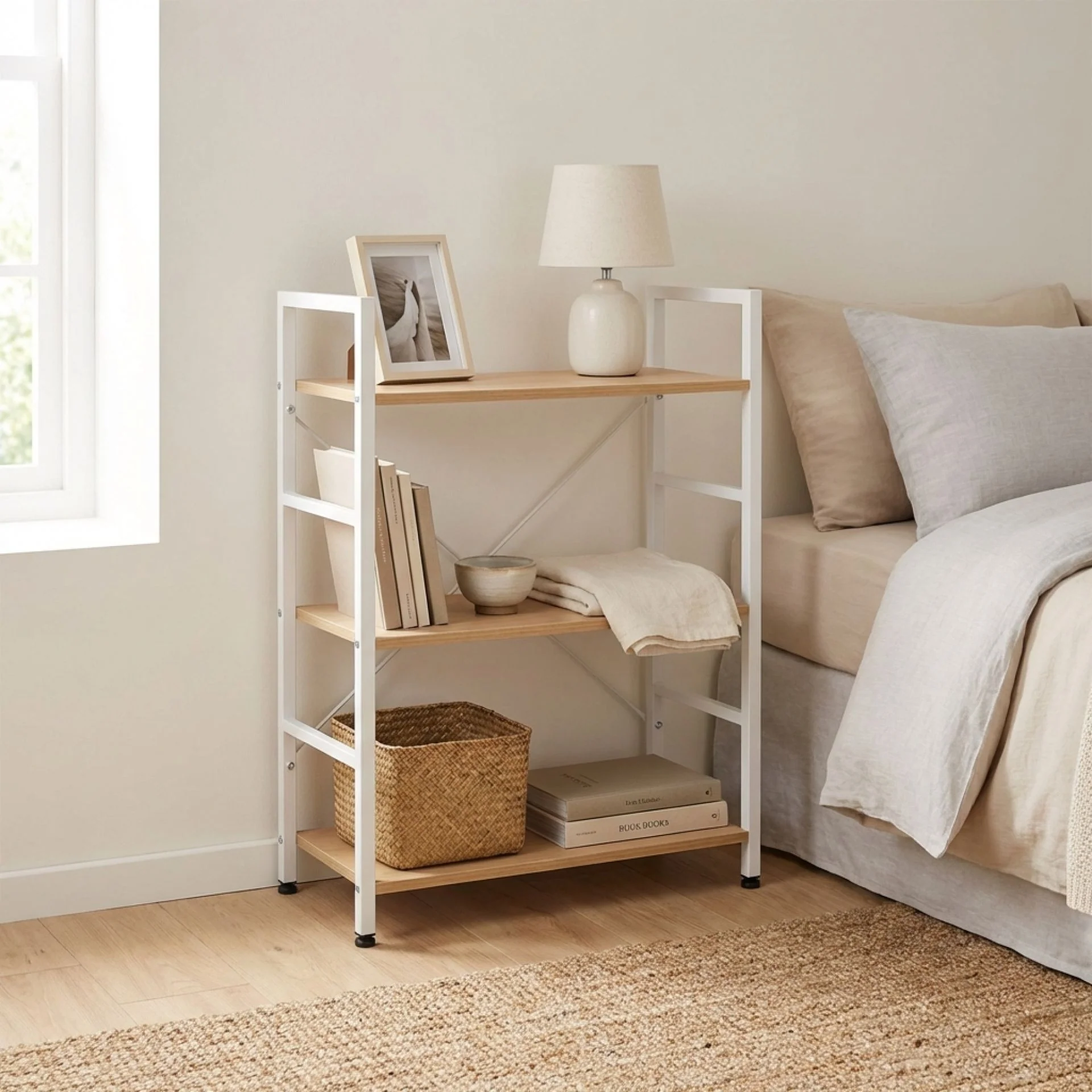 Hikuai 3 Tier Bookshelf - Natural + White - Image 2