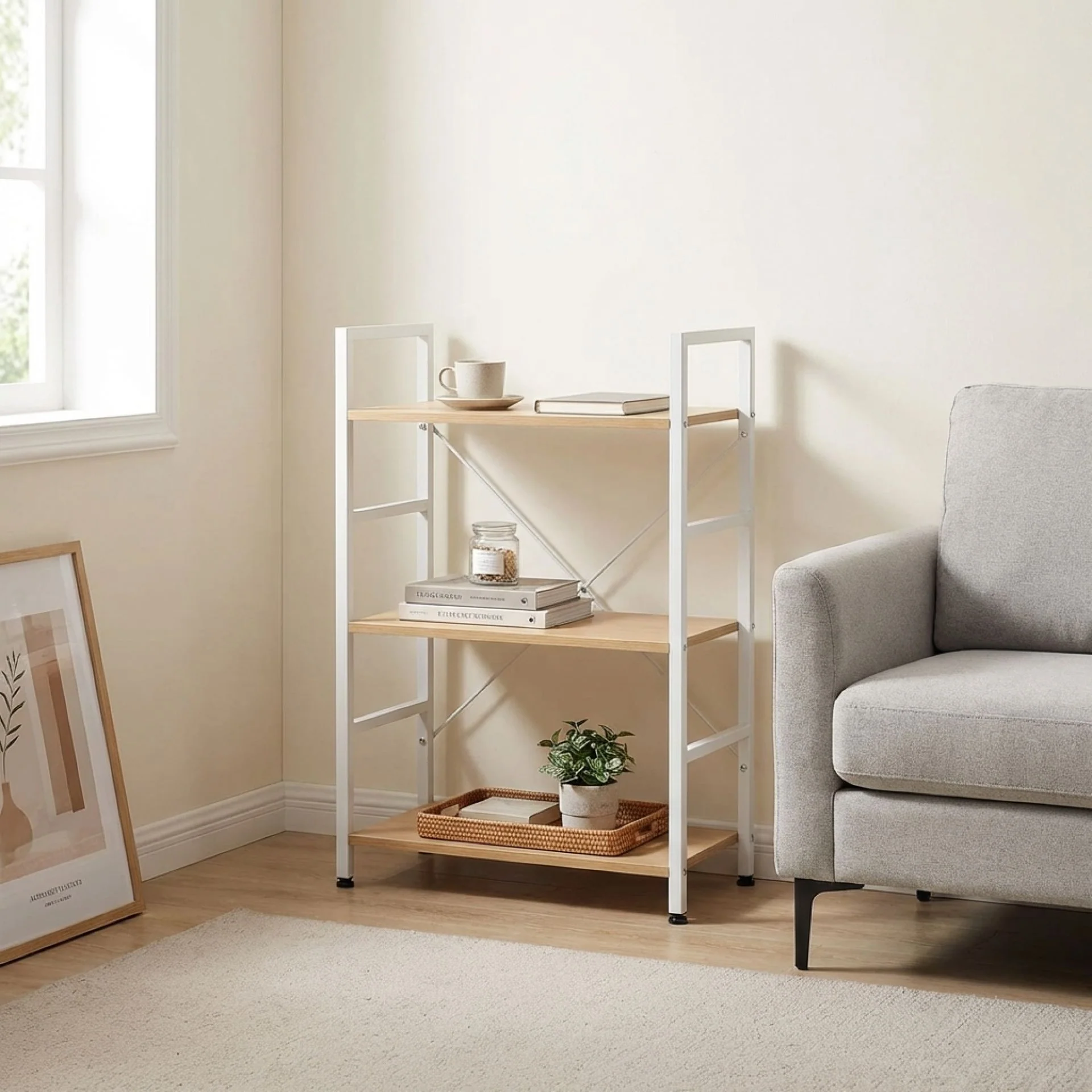 Hikuai 3 Tier Bookshelf - Natural + White - Image 3