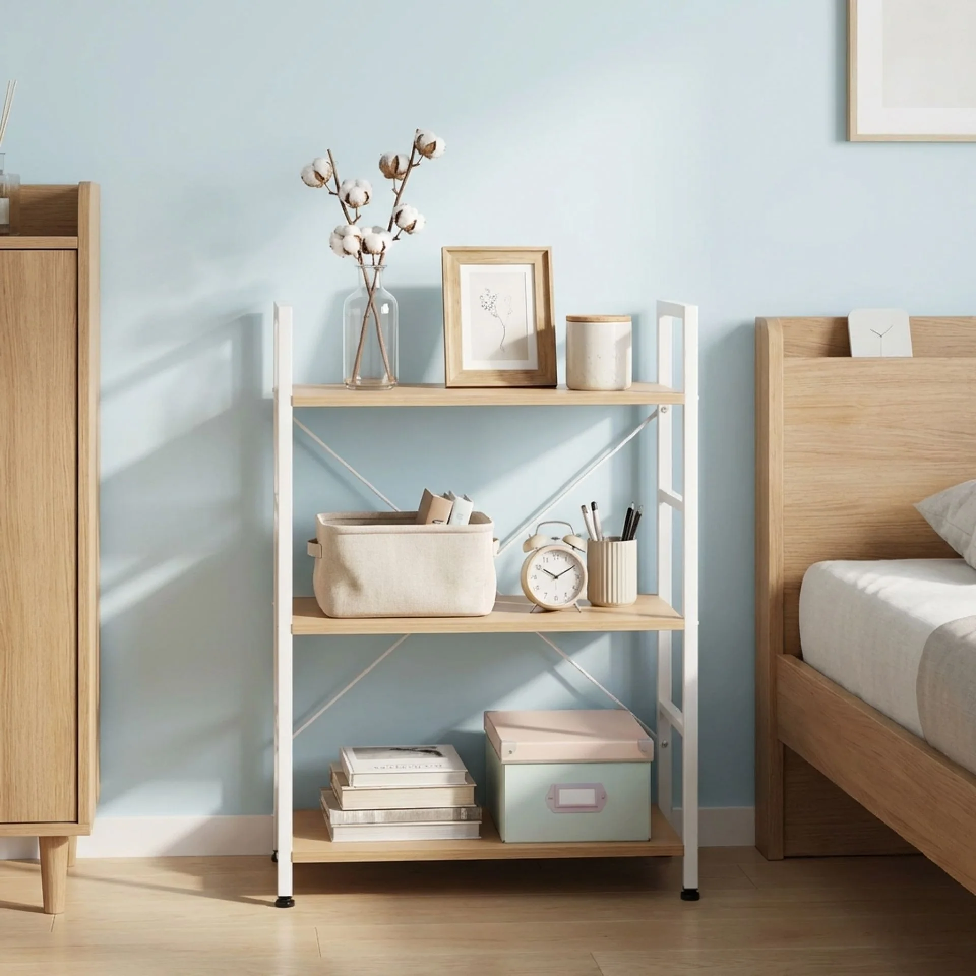 Hikuai 3 Tier Bookshelf - Natural + White - Image 4