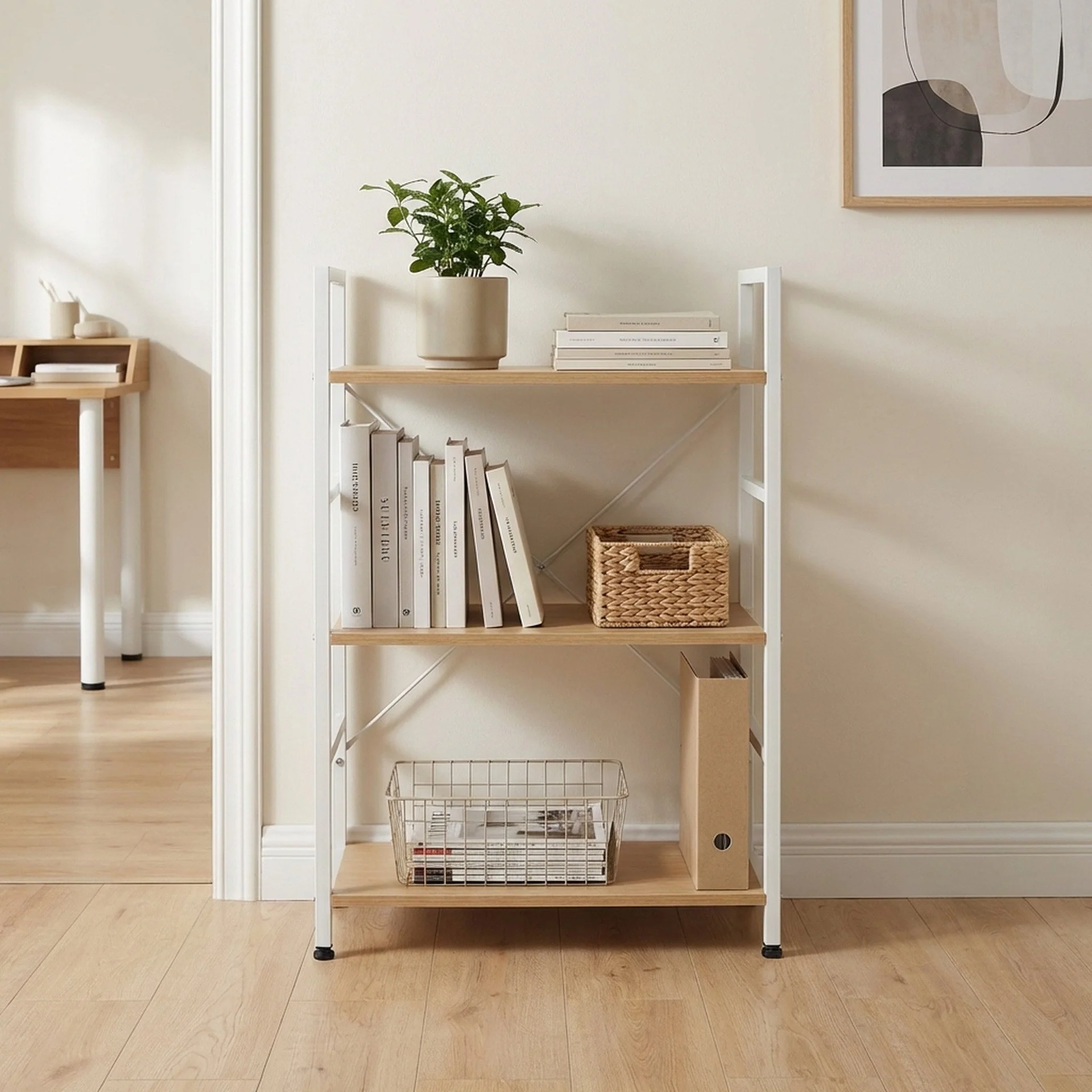 Hikuai 3 Tier Bookshelf - Natural + White - Image 5
