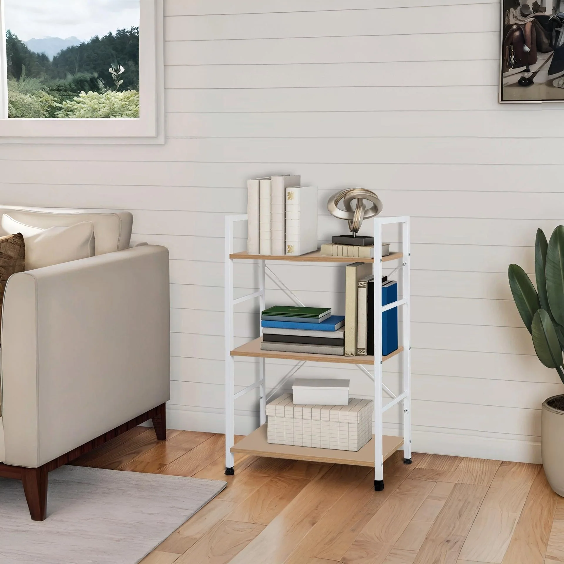 Hikuai 3 Tier Bookshelf - Natural + White - Image 6