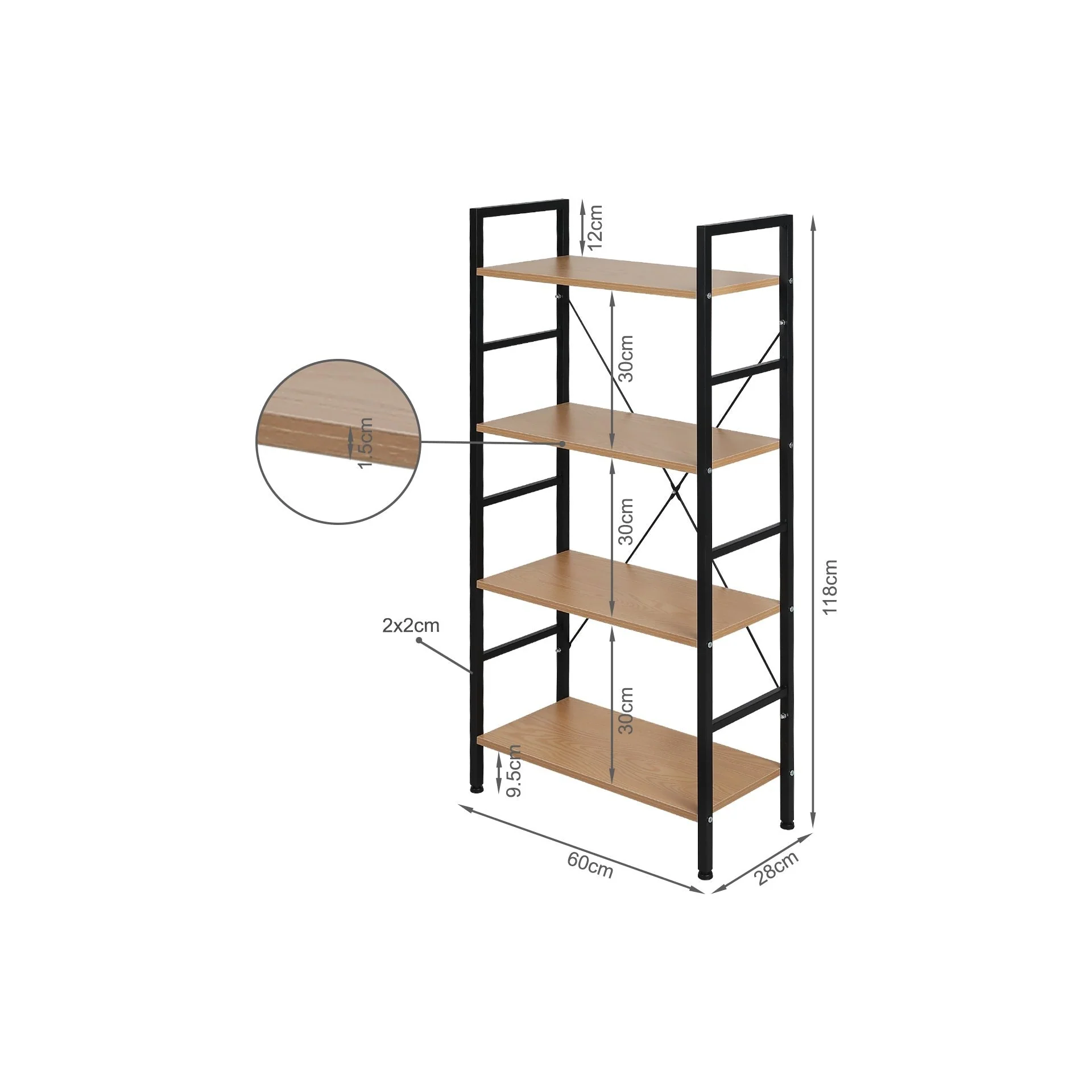 Hikuai 4 Tier Bookshelf - Natural + Black - Image 13