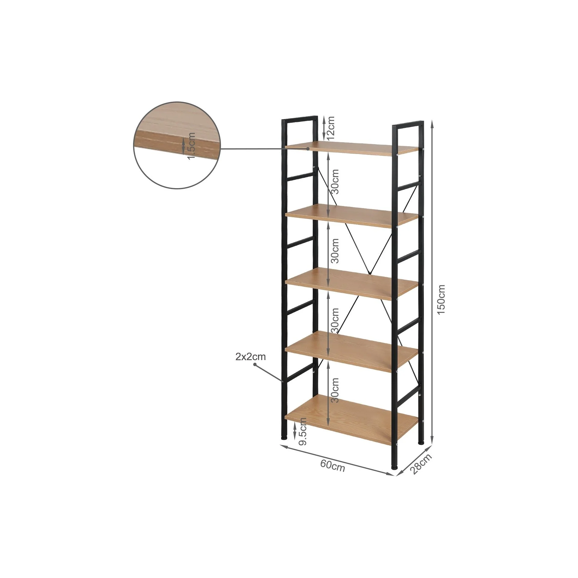 Hikuai 5 Tier Bookshelf - Natural + Black - Image 8