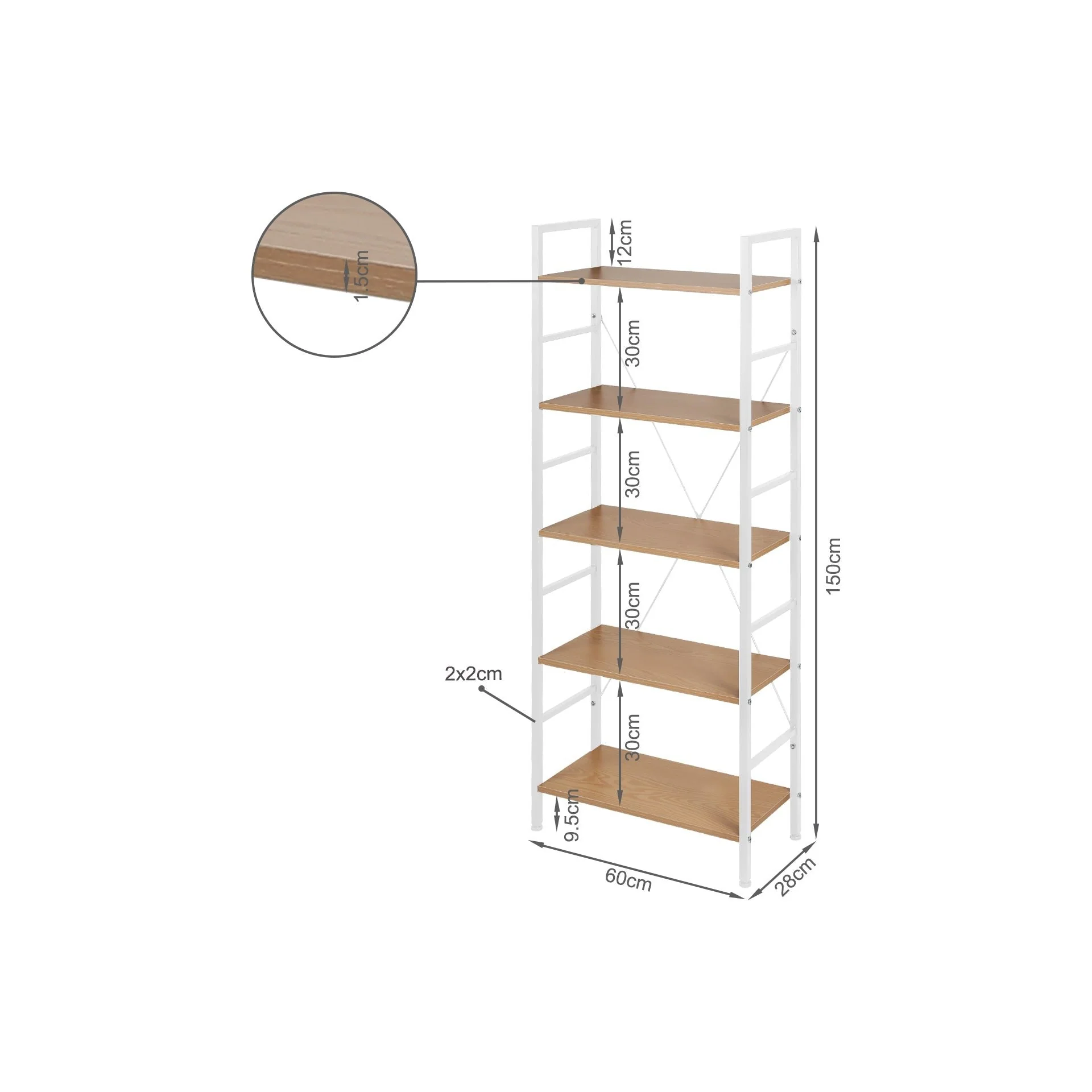 Hikuai 5 Tier Bookshelf - Natural + White - Image 7