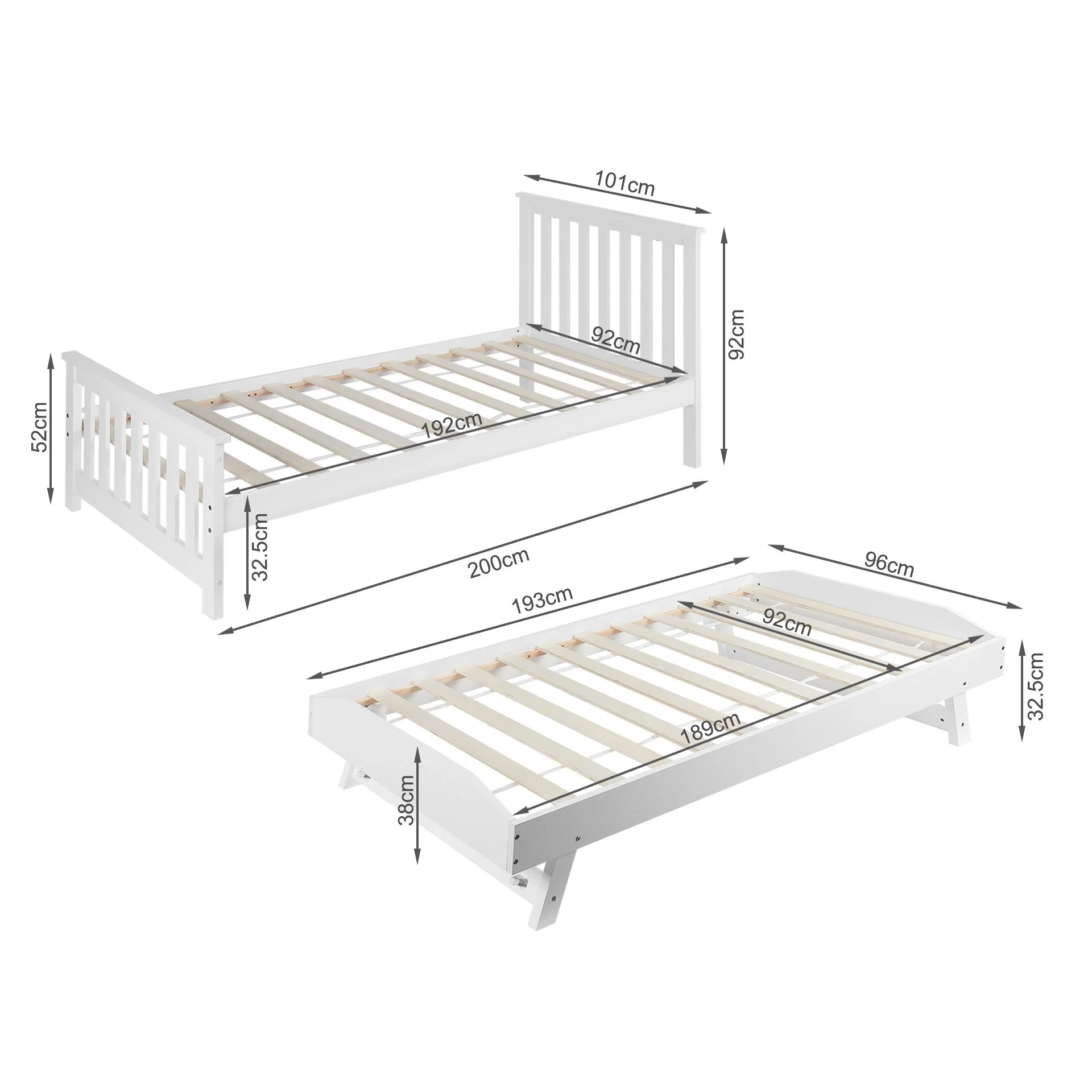 Hobson Single Wooden Trundle Bed Frame - White - Image 10