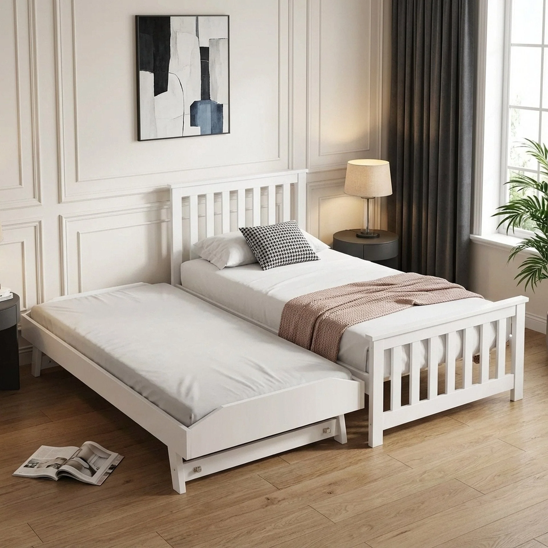 Hobson Single Wooden Trundle Bed Frame - White - Image 2
