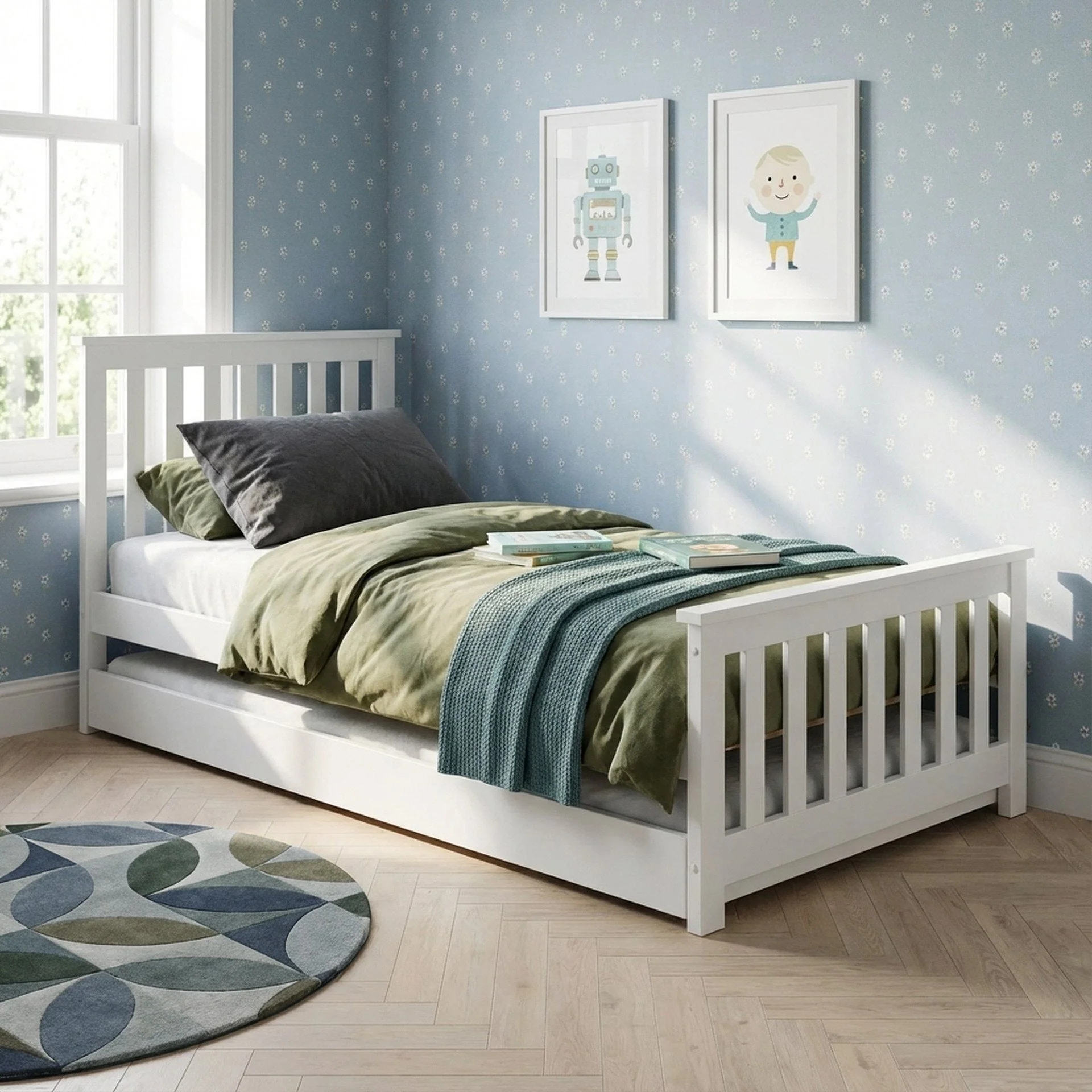 Hobson Single Wooden Trundle Bed Frame - White - Image 3