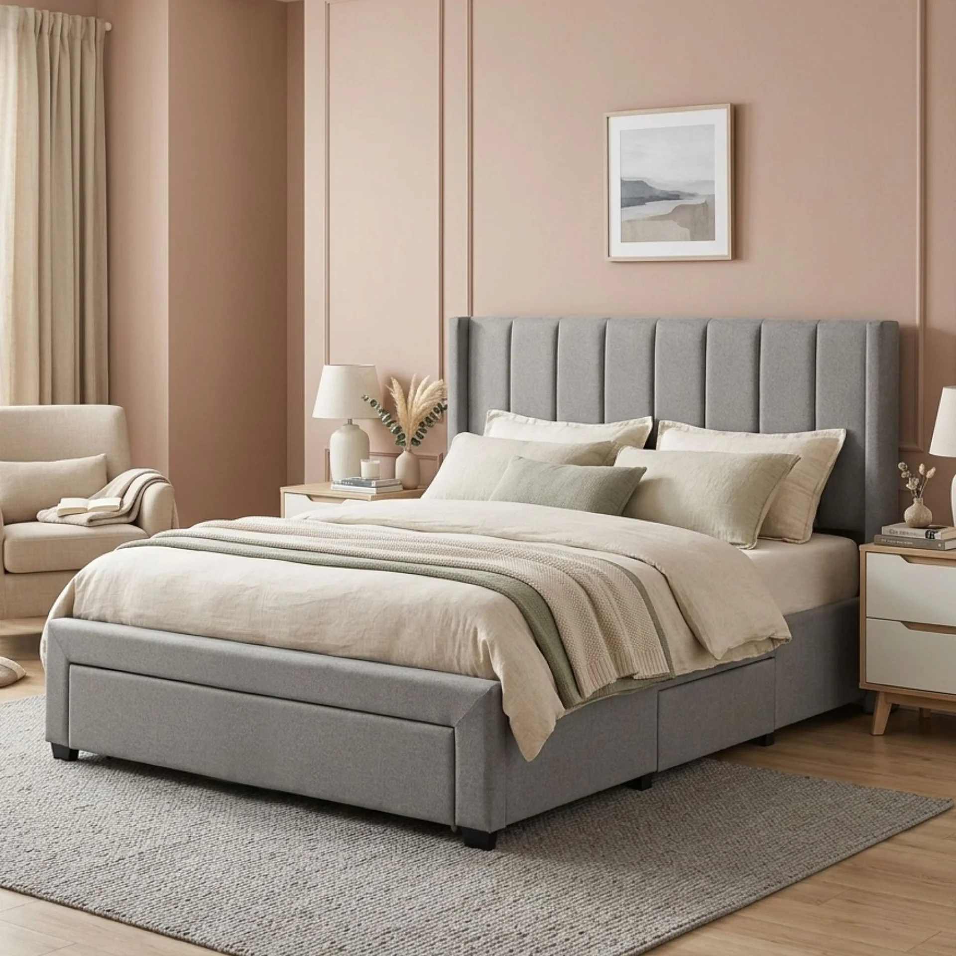 Hopkins Queen Bed Frame with Storage - Light Grey - Image 4
