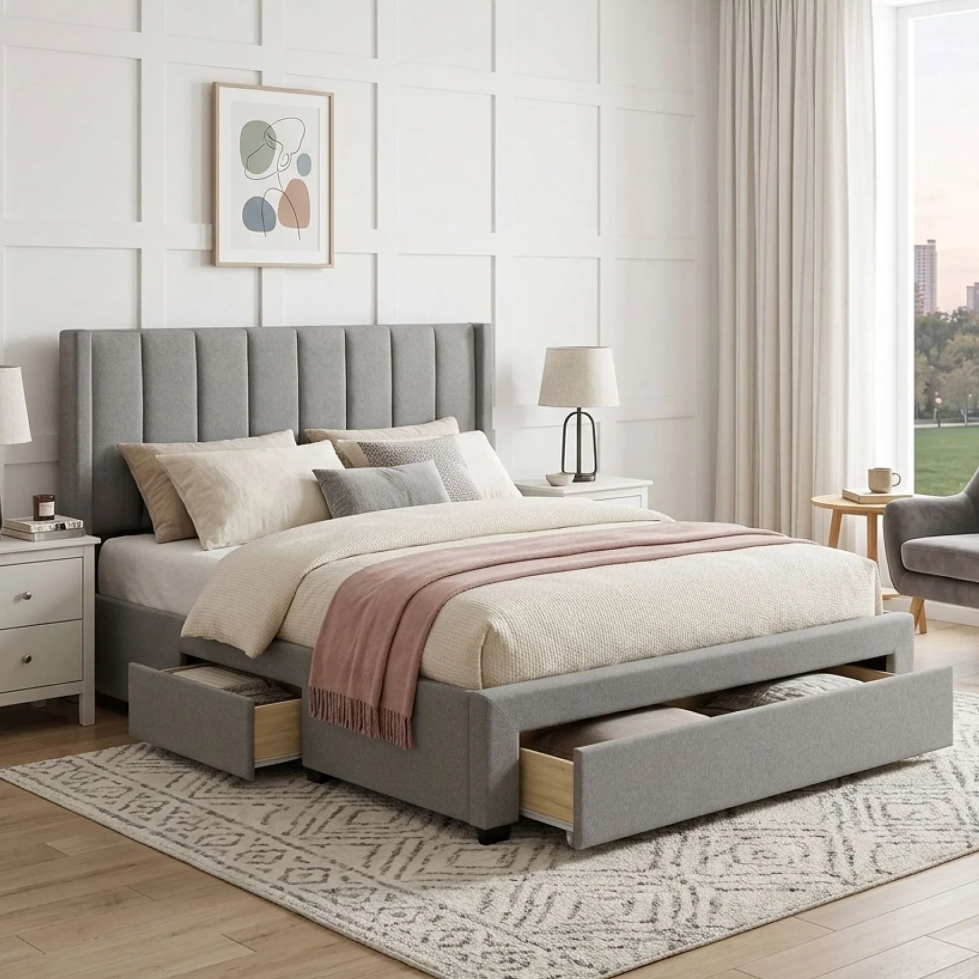 Hopkins Queen Bed Frame with Storage - Light Grey - Image 5