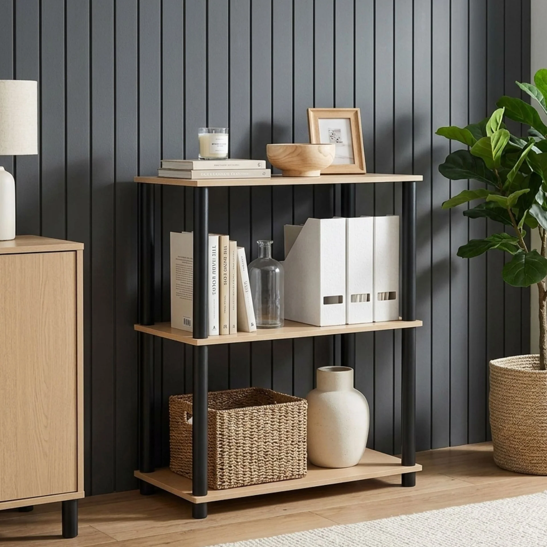 Horeke 3 Tier Flexi Storage Rack - Oak + Black - Image 2