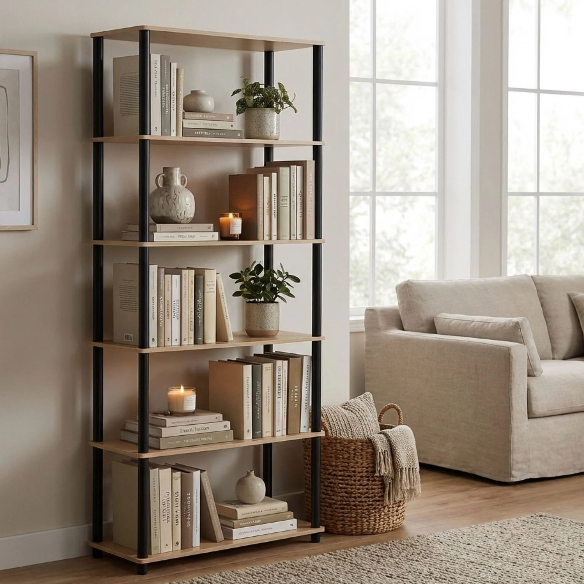 Horeke 6 Tier Flexi Storage Rack - Oak + Black - Image 3