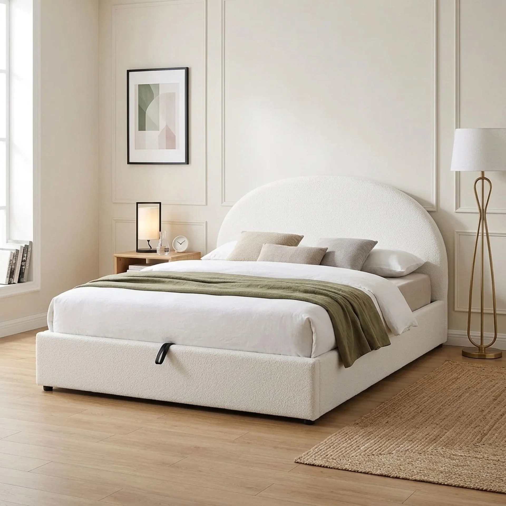 Isabella Boucle Queen Gas Lift Bed Frame - White