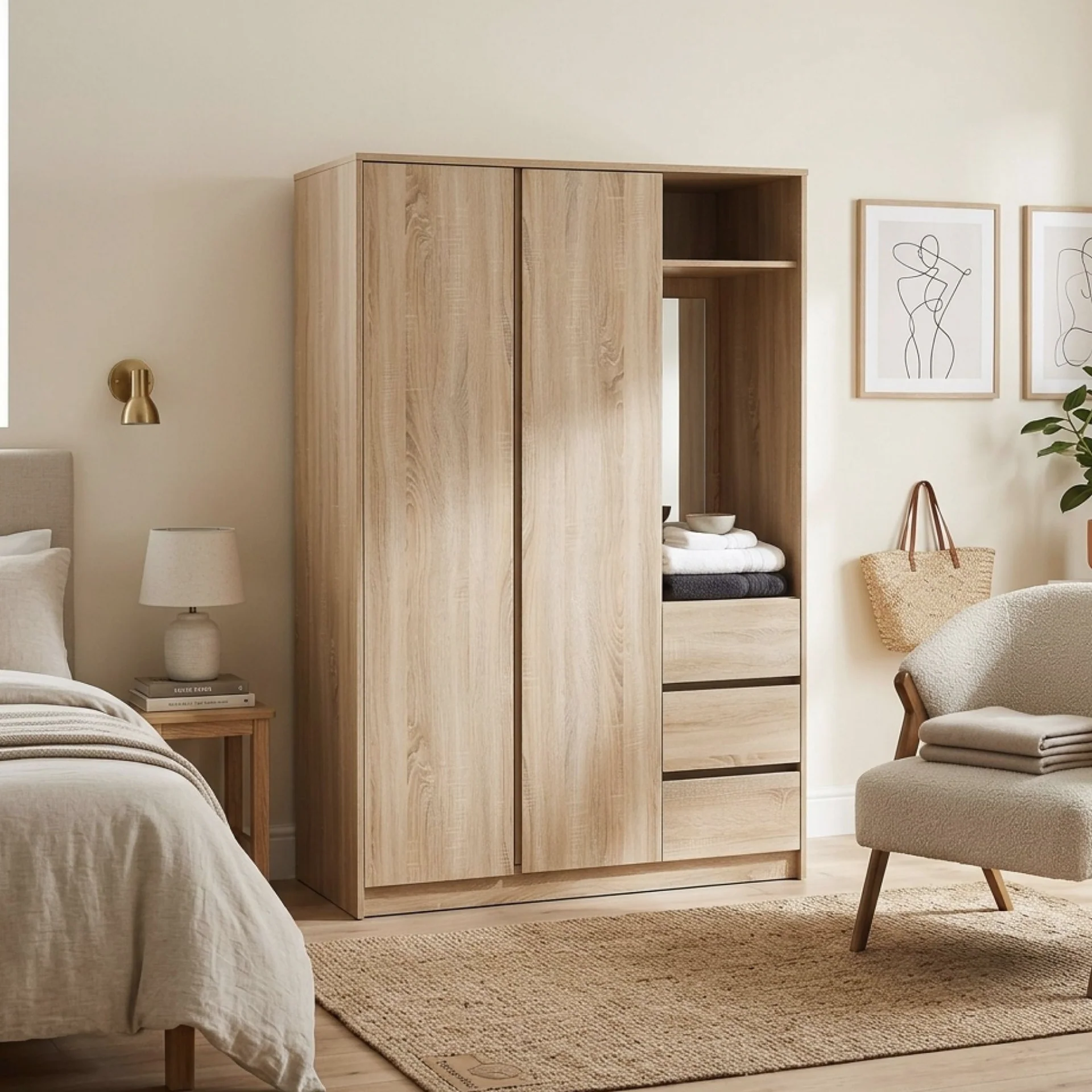 Julia 2 Door Wardrobe With 3 Drawers - Oak - Image 3