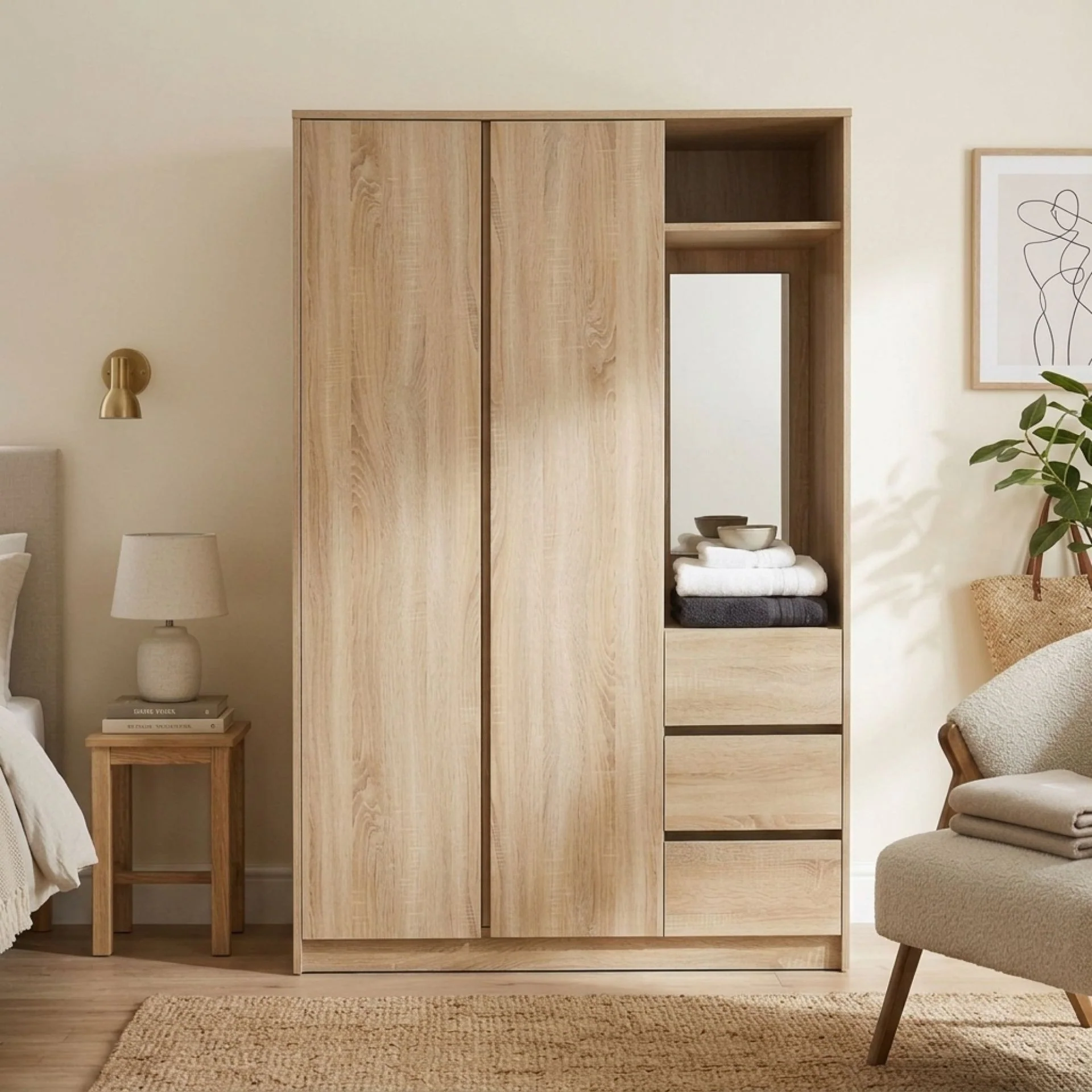 Julia 2 Door Wardrobe With 3 Drawers - Oak - Image 5