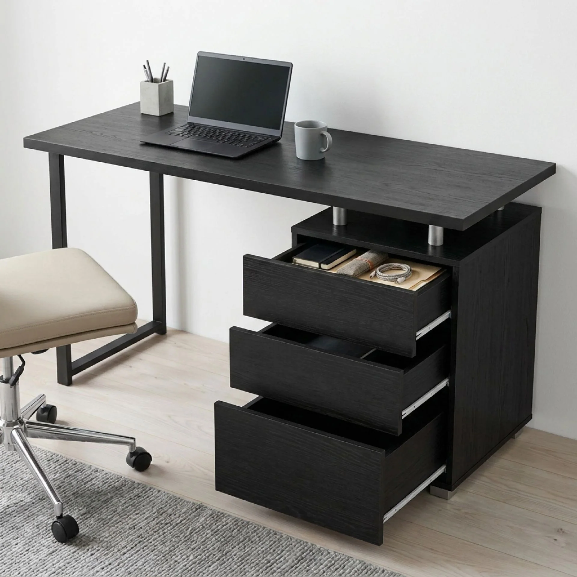 Karter Computer Desk with Drawers - Black - Image 3
