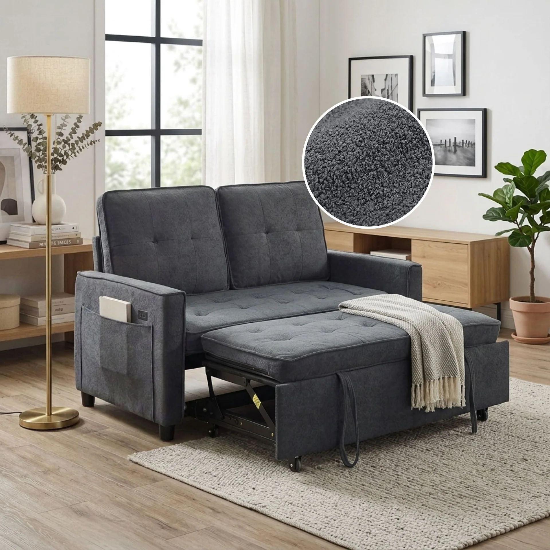 Kauri Boucle 2 Seater Sofa Bed - Dark Grey - Image 2