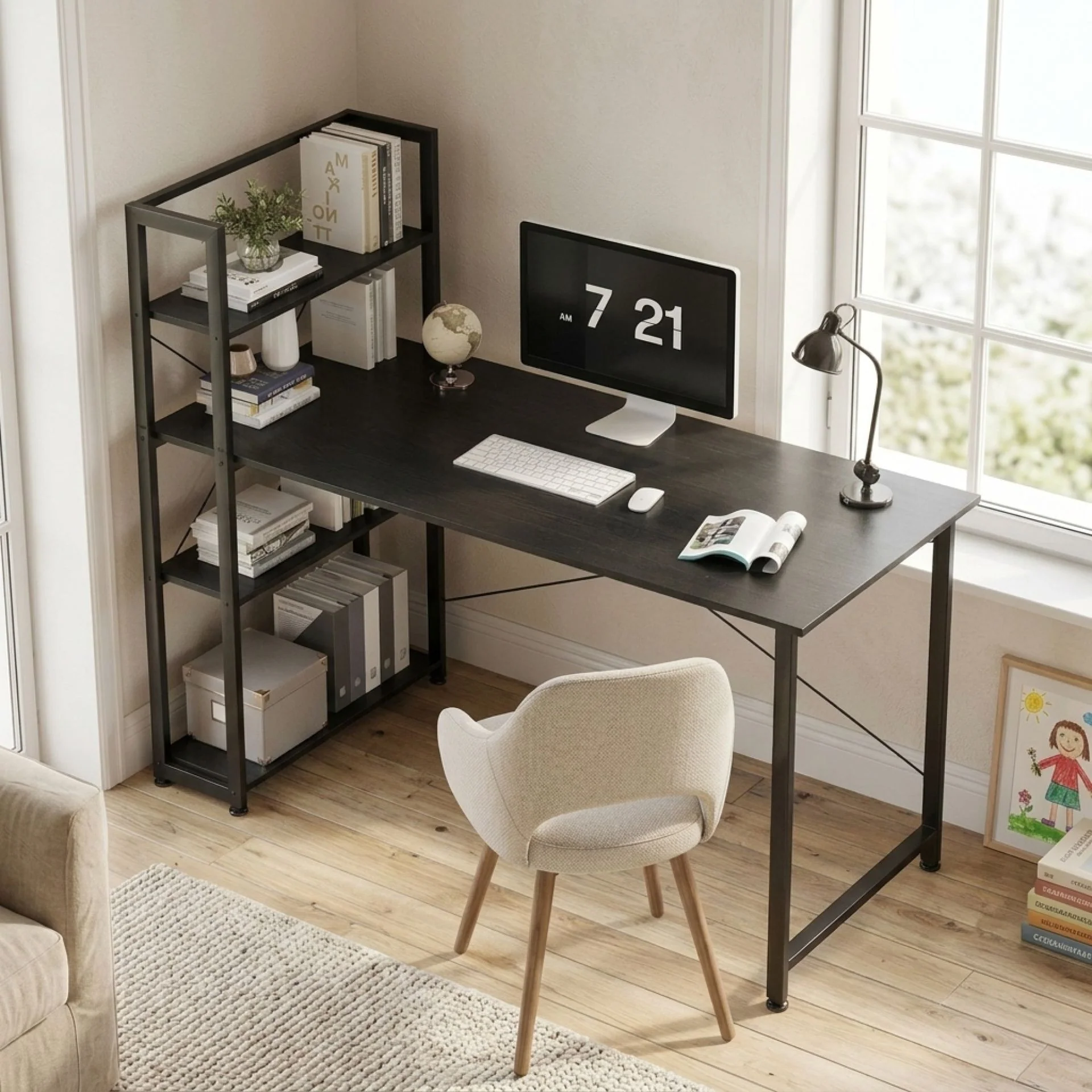 Kevin 140cm Computer Desk with Bookshelf - Black - Image 3