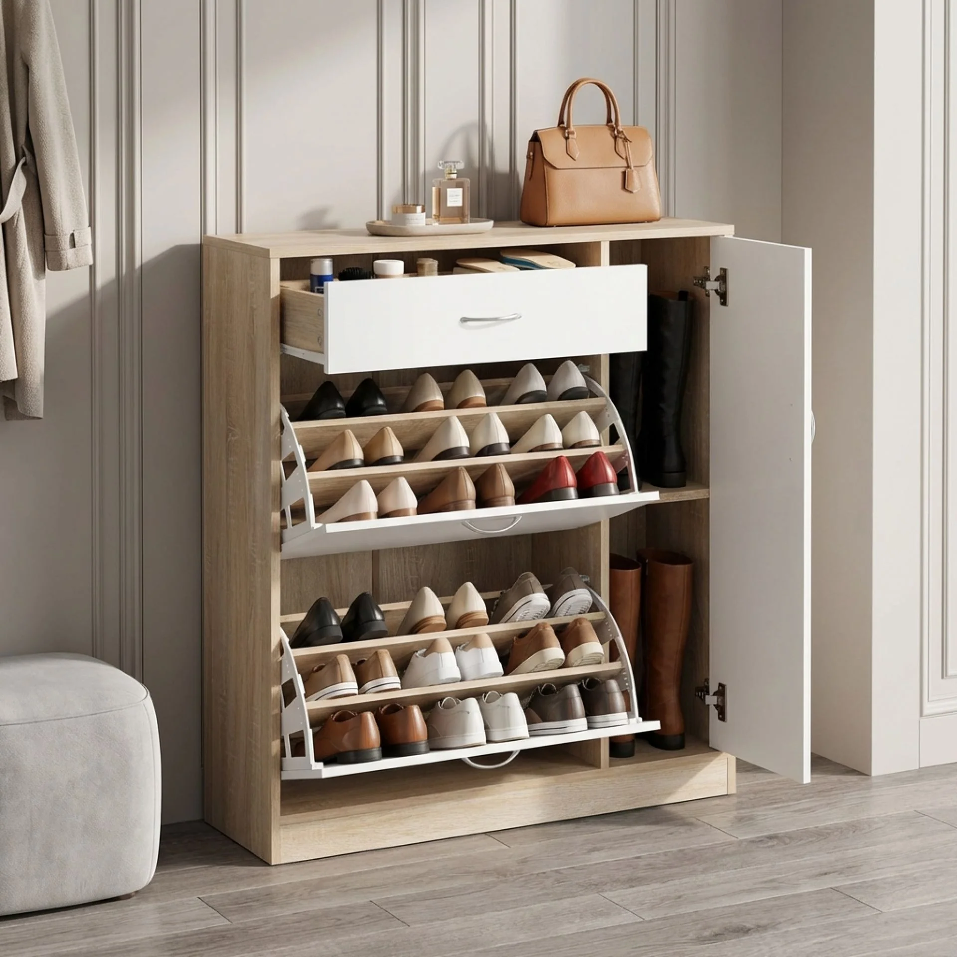 Kihona 3 Drawer Shoe Cabinet Storage Rack - Oak - Image 2
