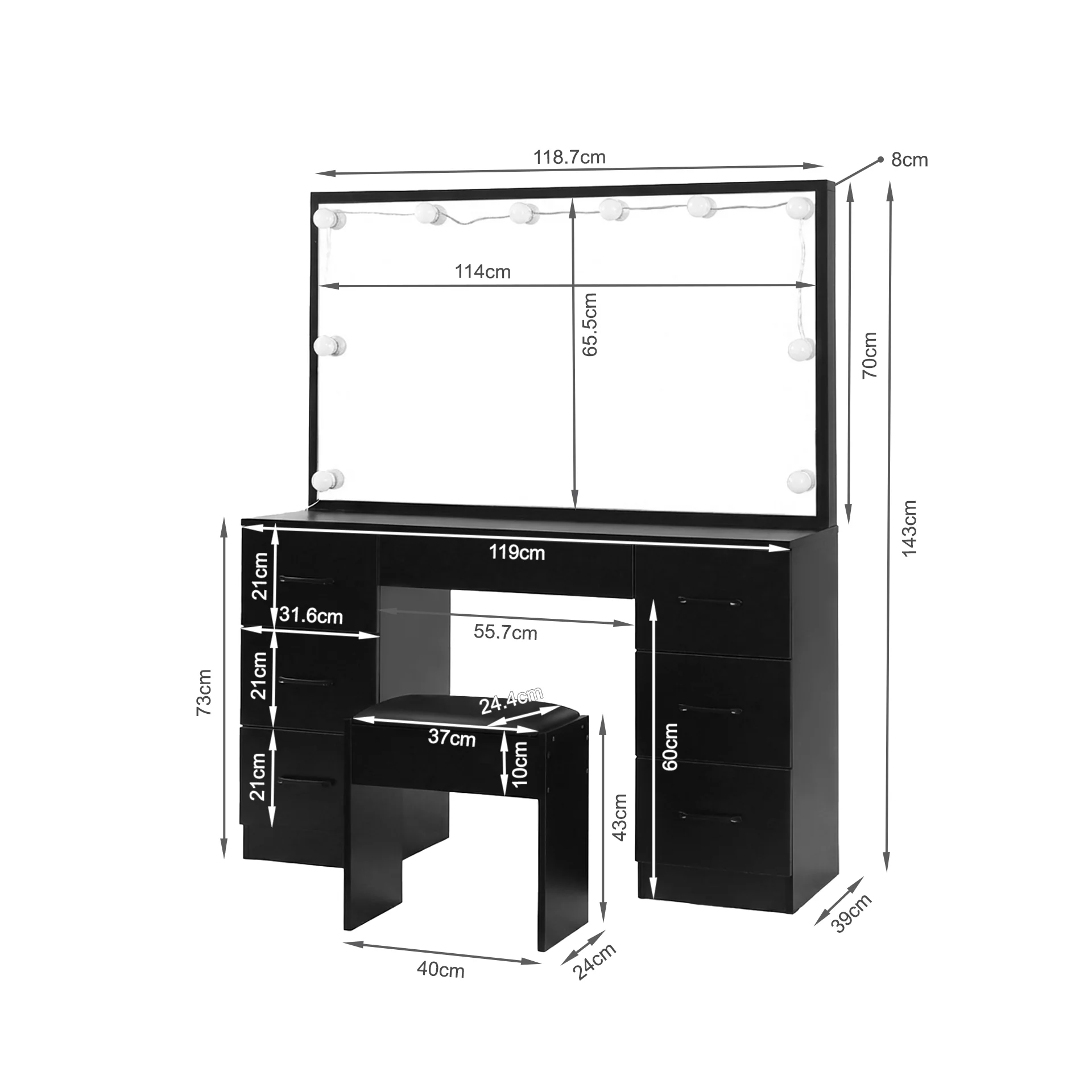 Lisianthus 2 Piece Dressing Table with Mirror & Stool Set - Black - Image 12