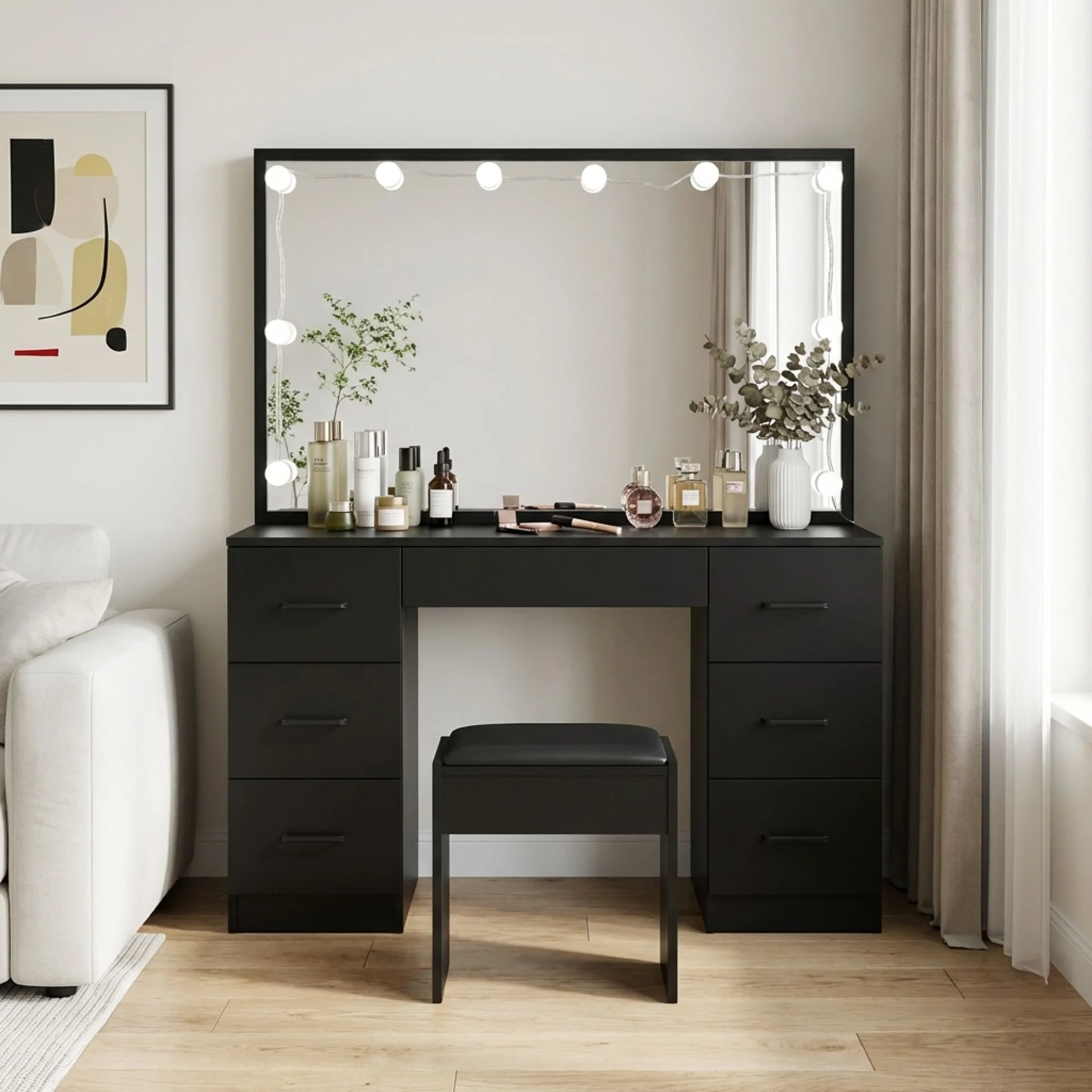 Lisianthus 2 Piece Dressing Table with Mirror & Stool Set - Black - Image 5