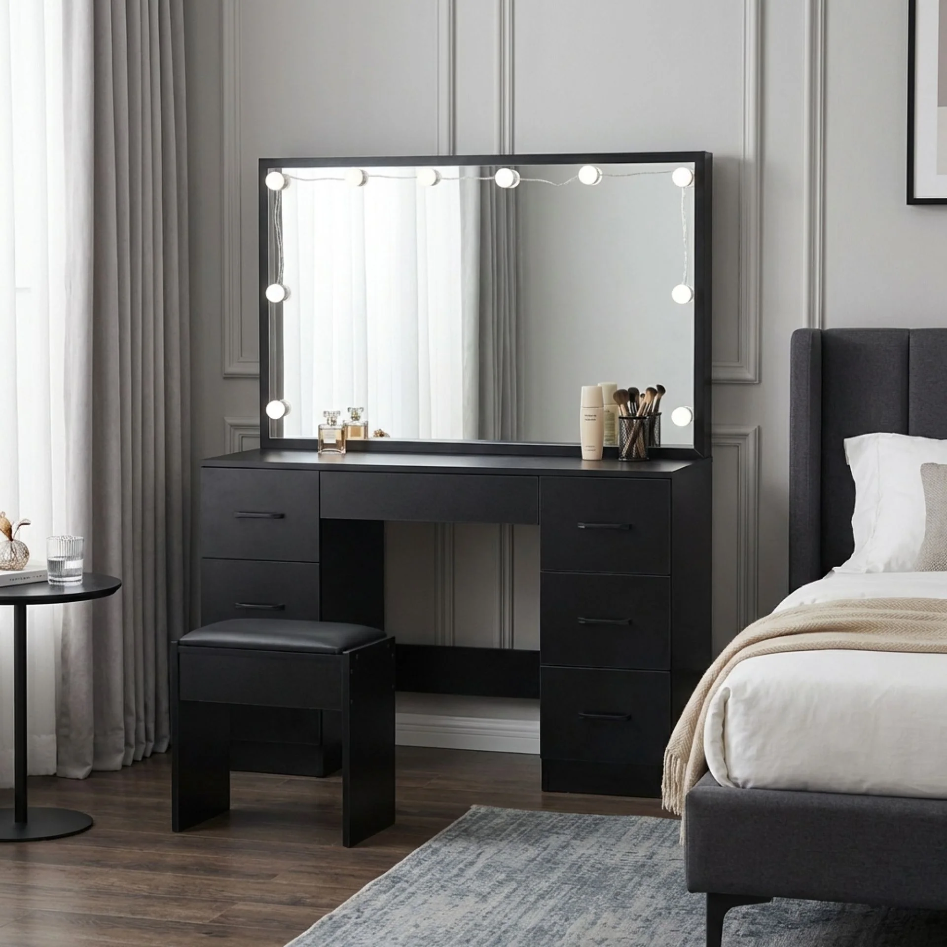 Lisianthus 2 Piece Dressing Table with Mirror & Stool Set - Black - Image 6
