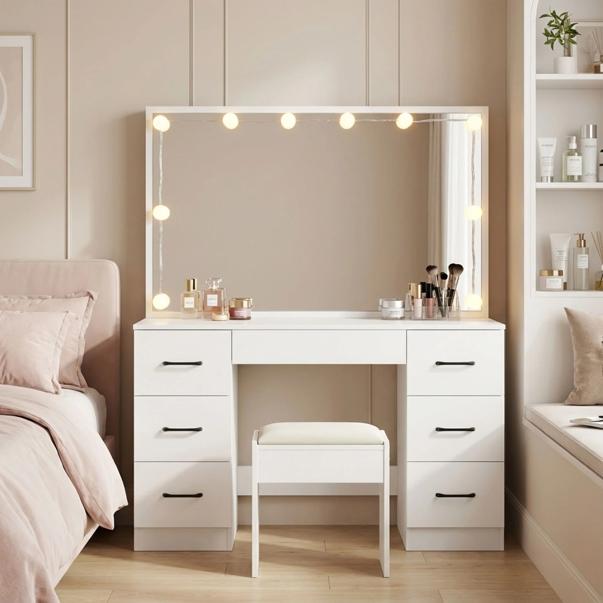 LISIANTHUS 2 Piece Dressing Table with Mirror & Stool Set - White