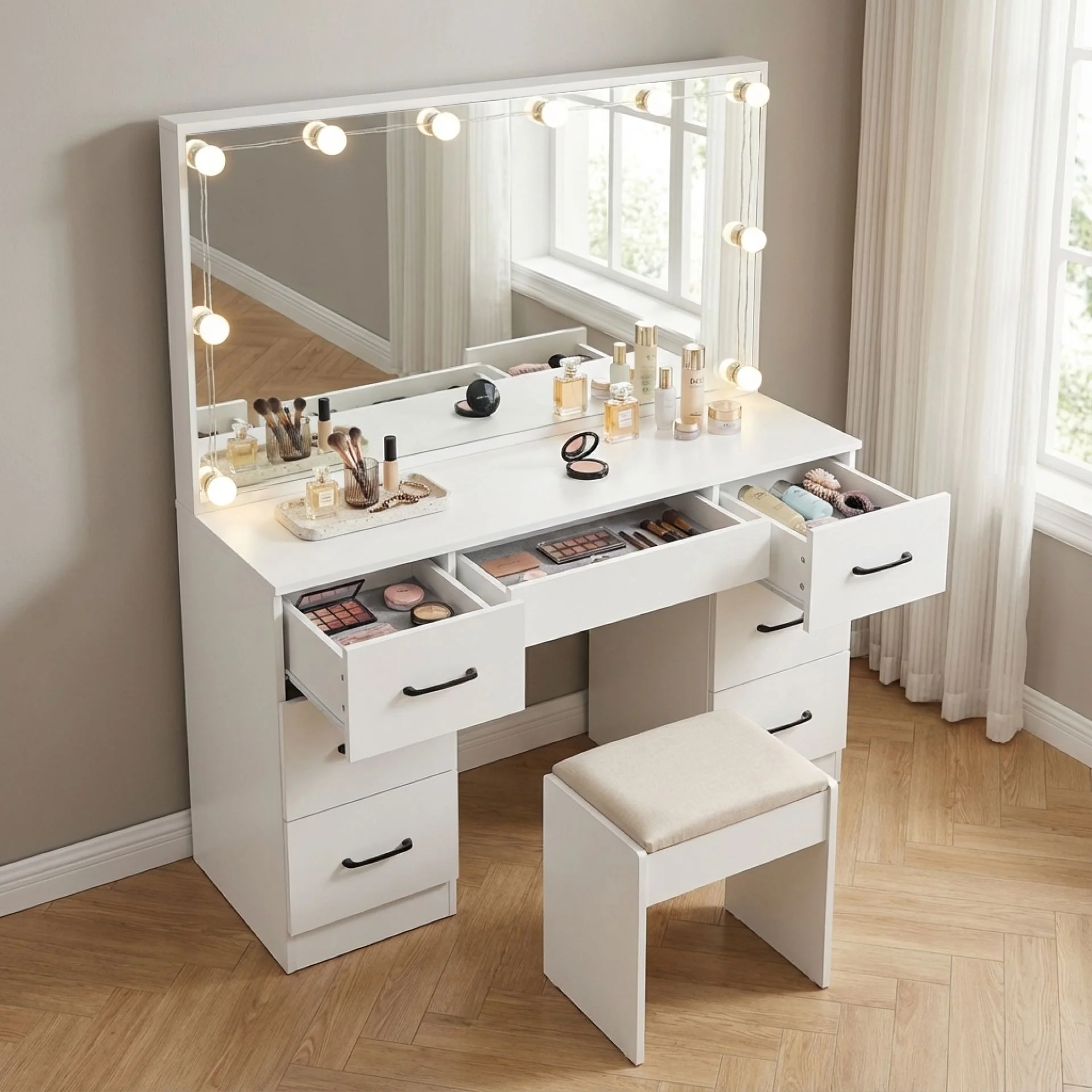 LISIANTHUS 2 Piece Dressing Table with Mirror & Stool Set - White - Image 2