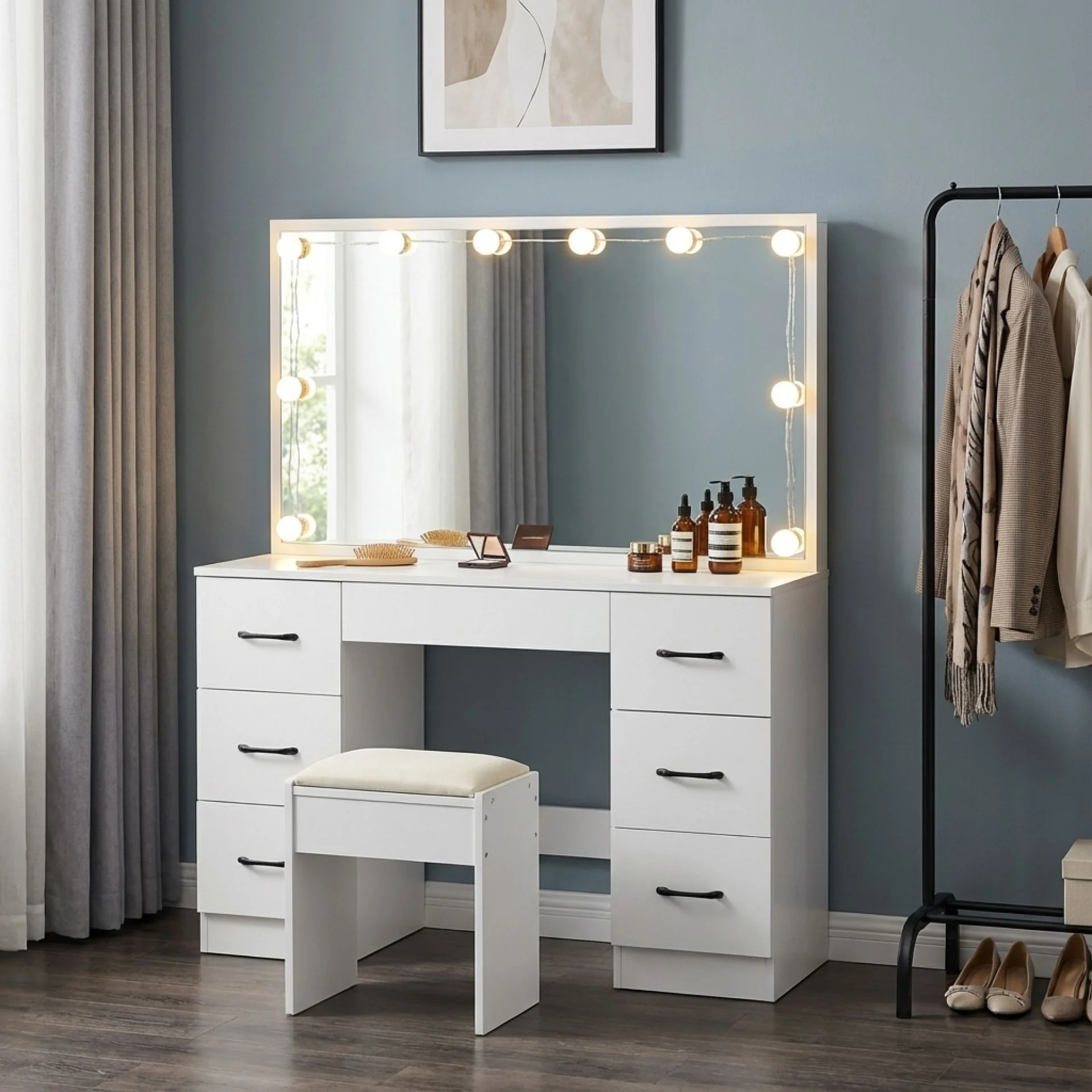 LISIANTHUS 2 Piece Dressing Table with Mirror & Stool Set - White - Image 3